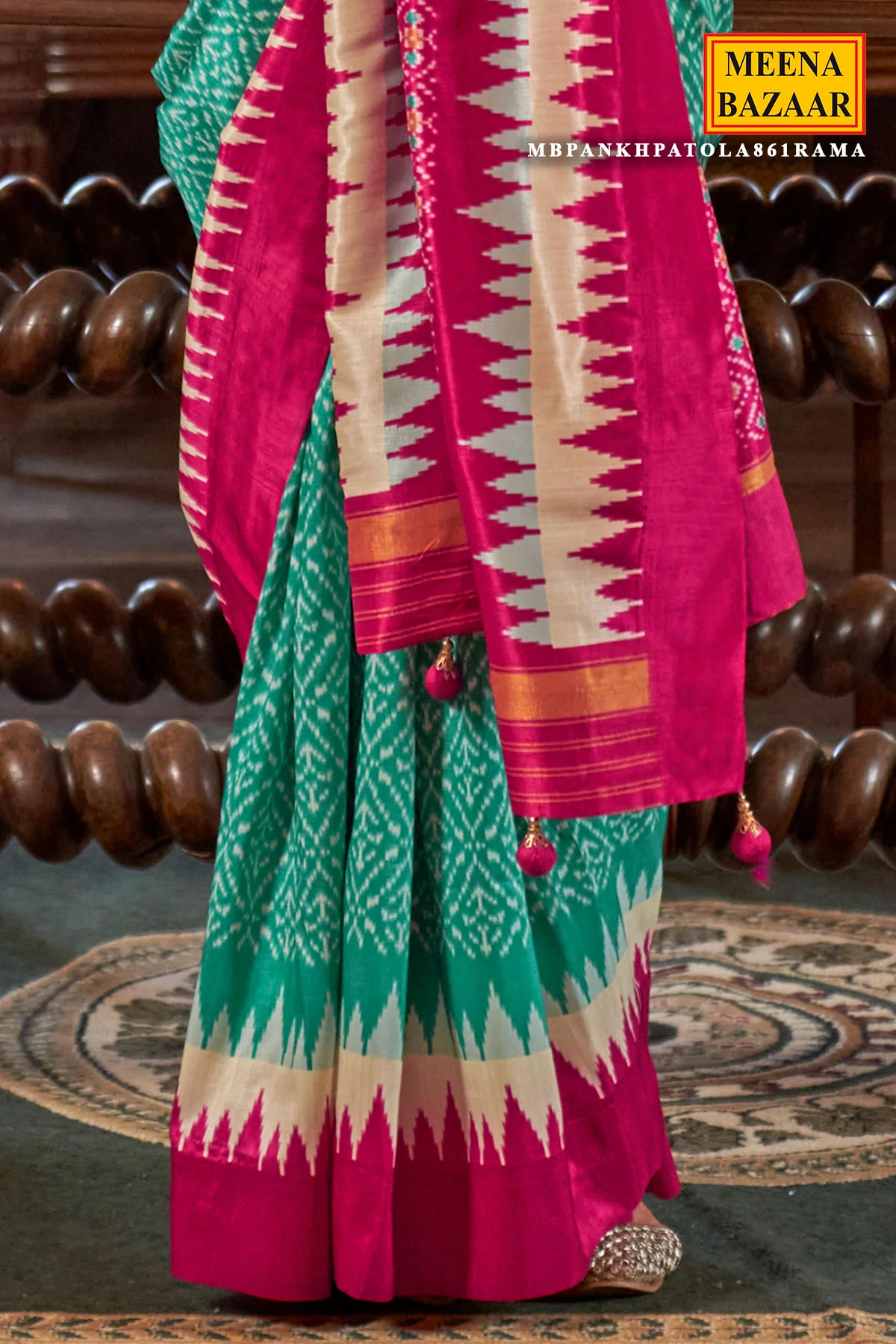 Rama Silk Saree with Rani Border – PankhPatola Printed Designer Saree - Image 3