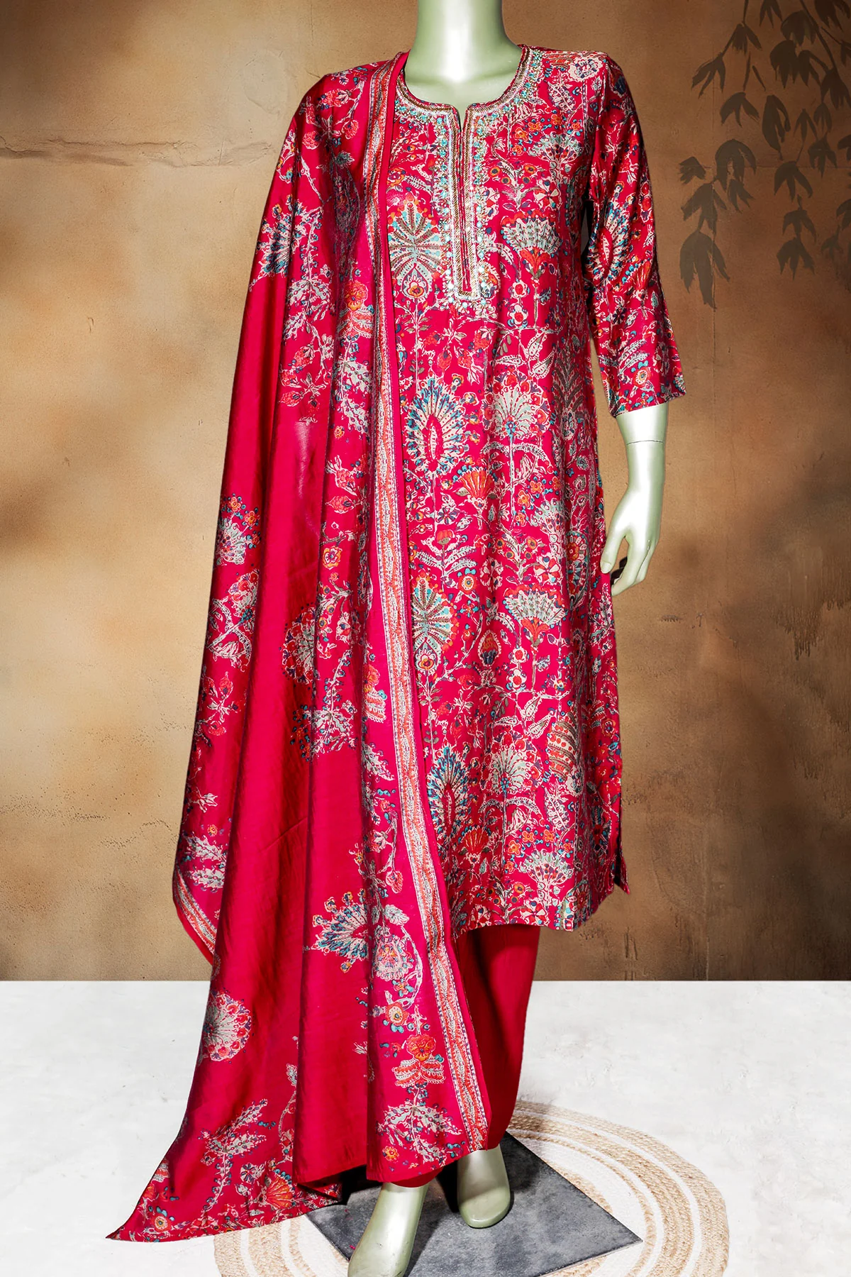 Rani Color Maslin Ready-Made Suit with Elegant Neck Embroidery - Image 2