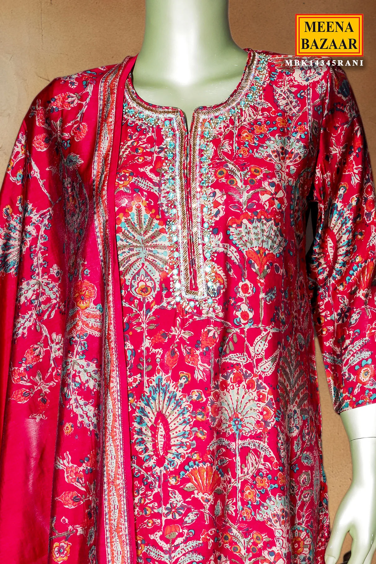 Rani Color Maslin Ready-Made Suit with Elegant Neck Embroidery - Image 4