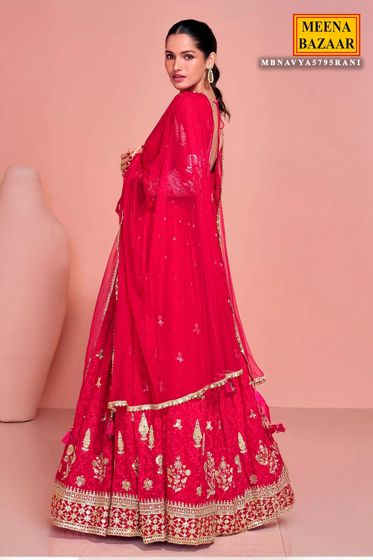 Rani Georgette Embroidered Floor Length Anarkali Gown with Dupatta Elegant Festive & Wedding Wear - Image 3
