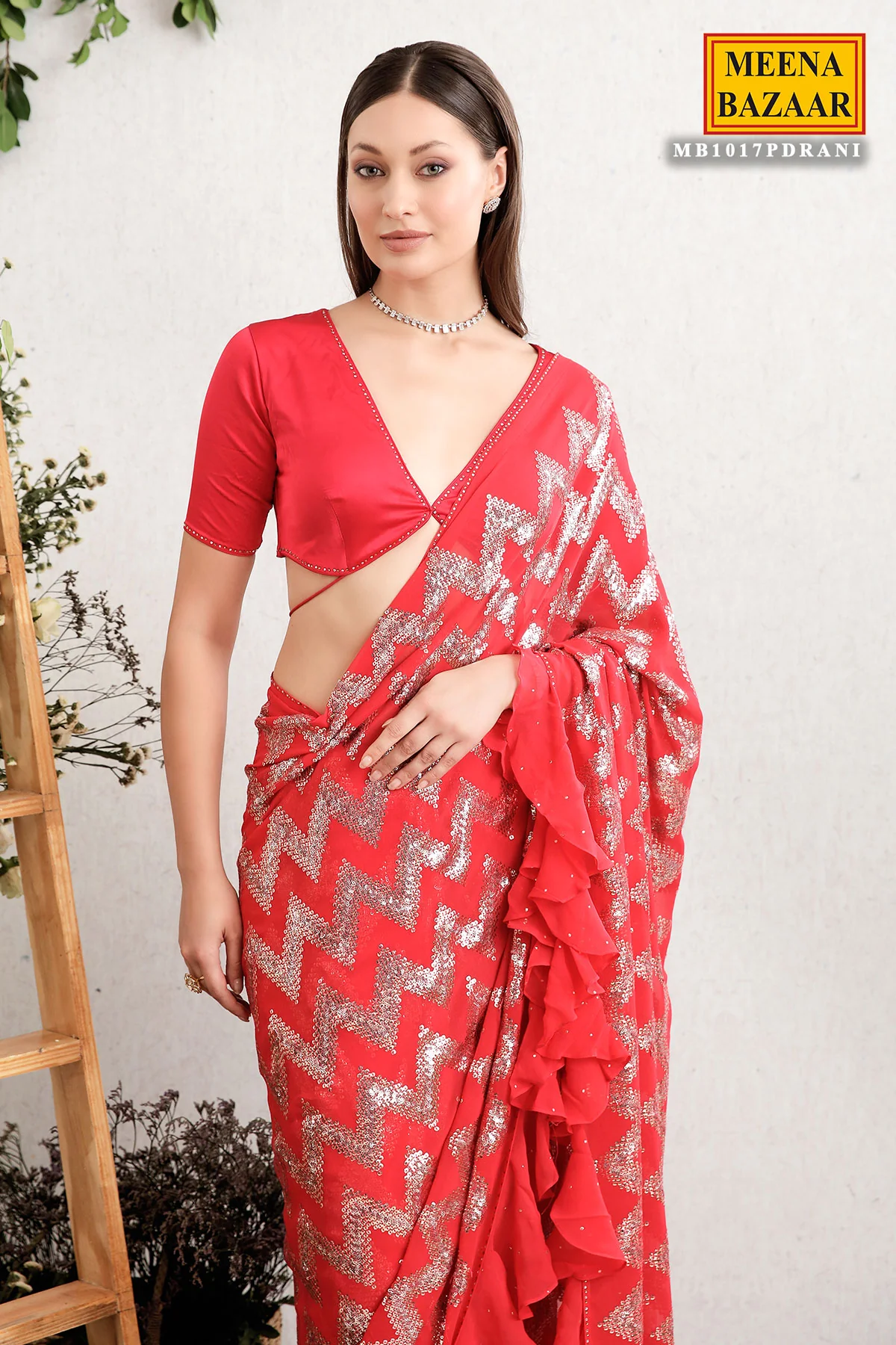 Crimson Red Georgette Embroidered Saree - Image 3