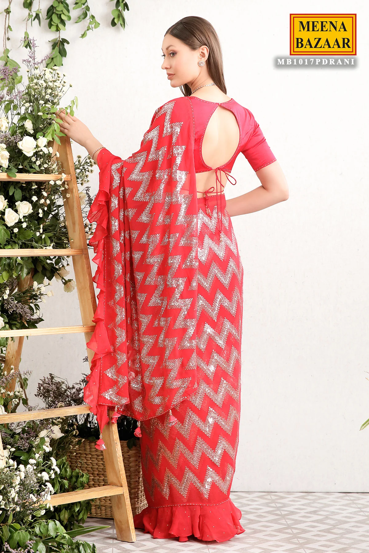 Crimson Red Georgette Embroidered Saree - Image 4