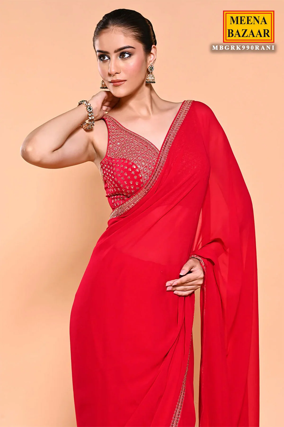 Rani Georgette Sequin Embroidered Saree WIth Ready Blouse - Image 2