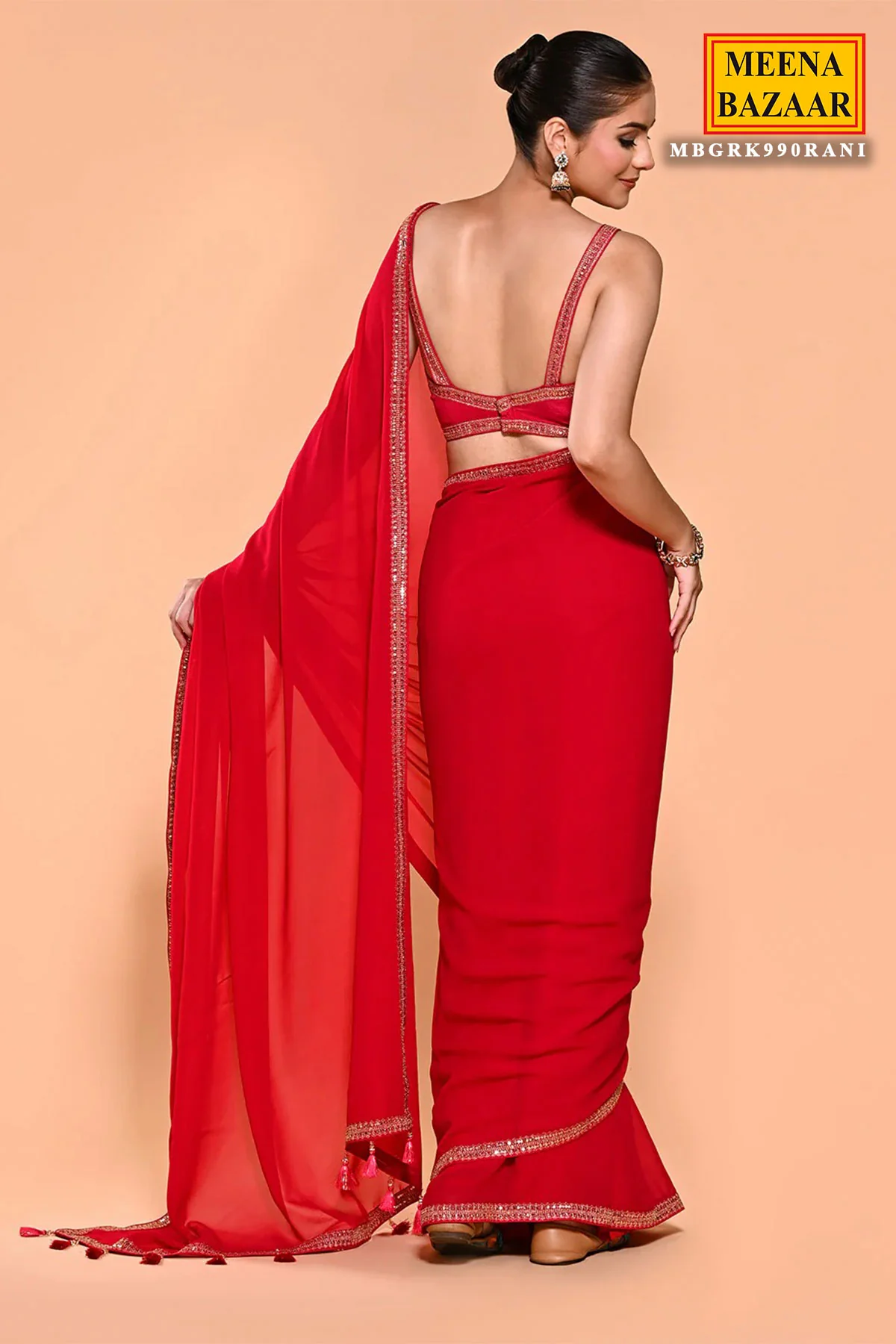 Rani Georgette Sequin Embroidered Saree WIth Ready Blouse - Image 3