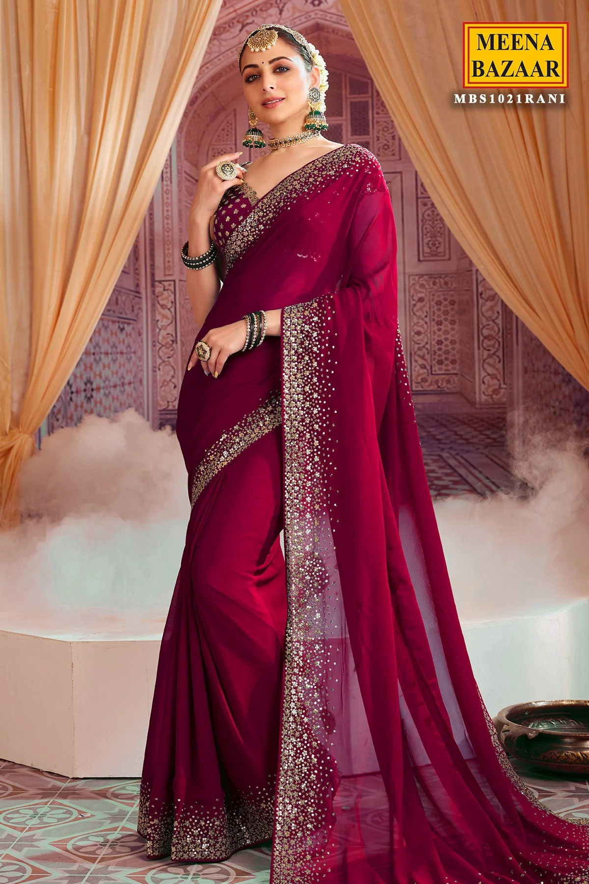 Rani Georgette Zari and Sequins Embroidered Saree - Image 2