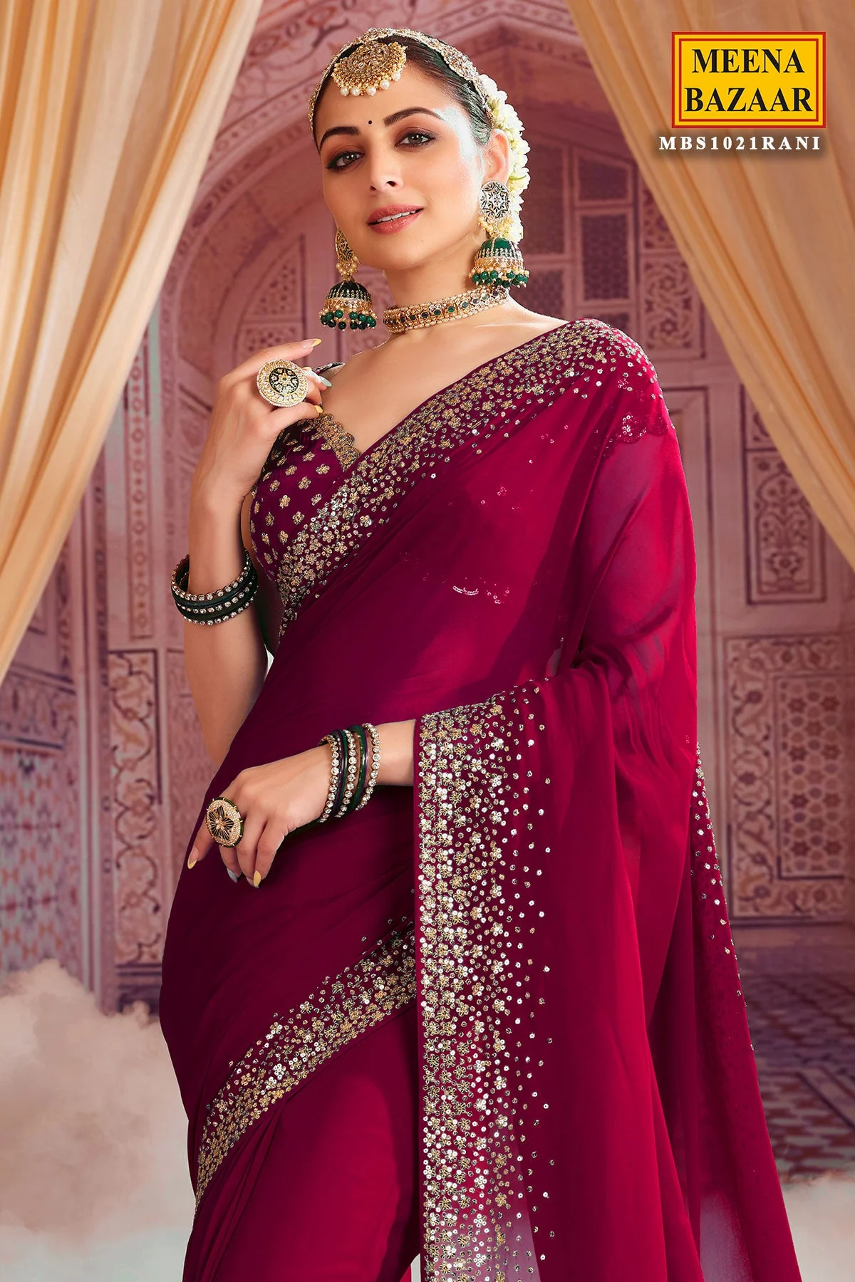 Rani Georgette Zari and Sequins Embroidered Saree - Image 3