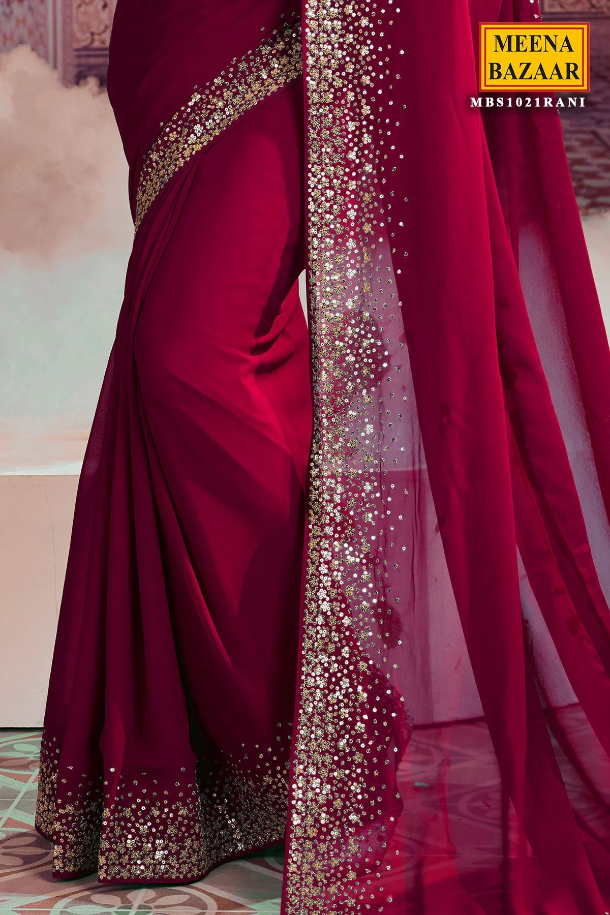 Rani Georgette Zari and Sequins Embroidered Saree - Image 4