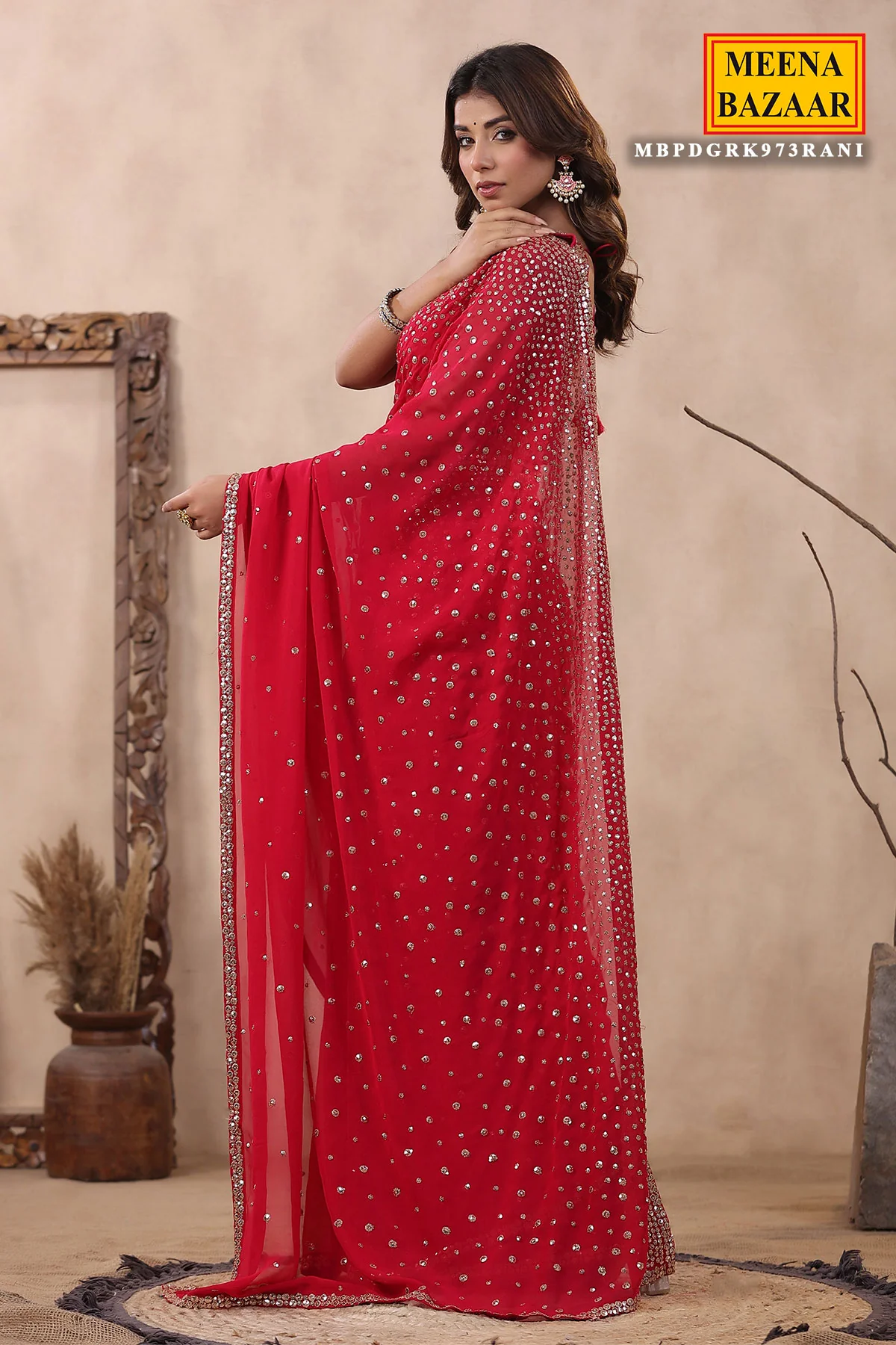 Rani Georgette Zari and Sequins Embroidered Saree with Readymade Blouse - Image 5