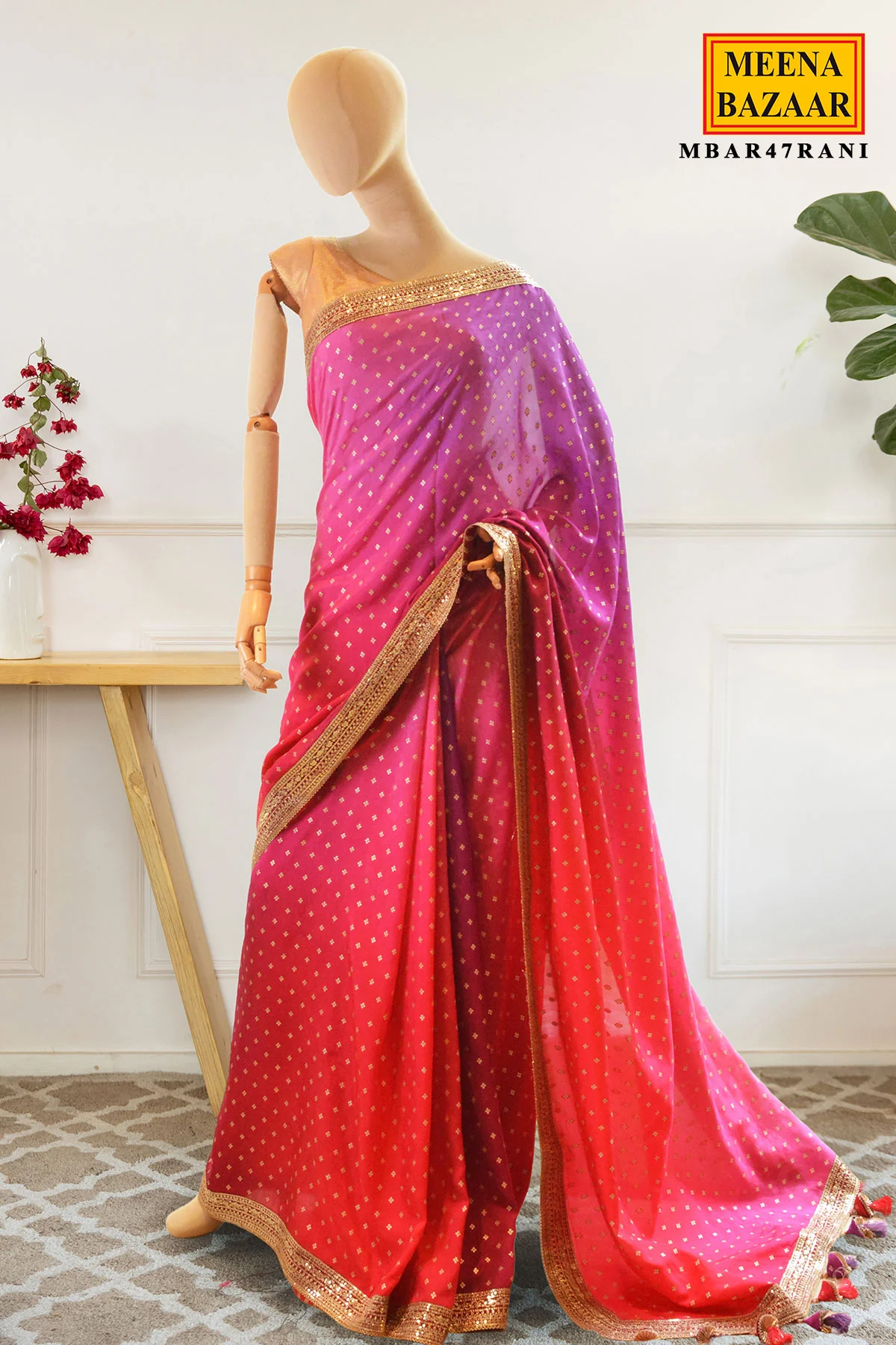 Rani Ombre Saree with Golden Border - Image 2