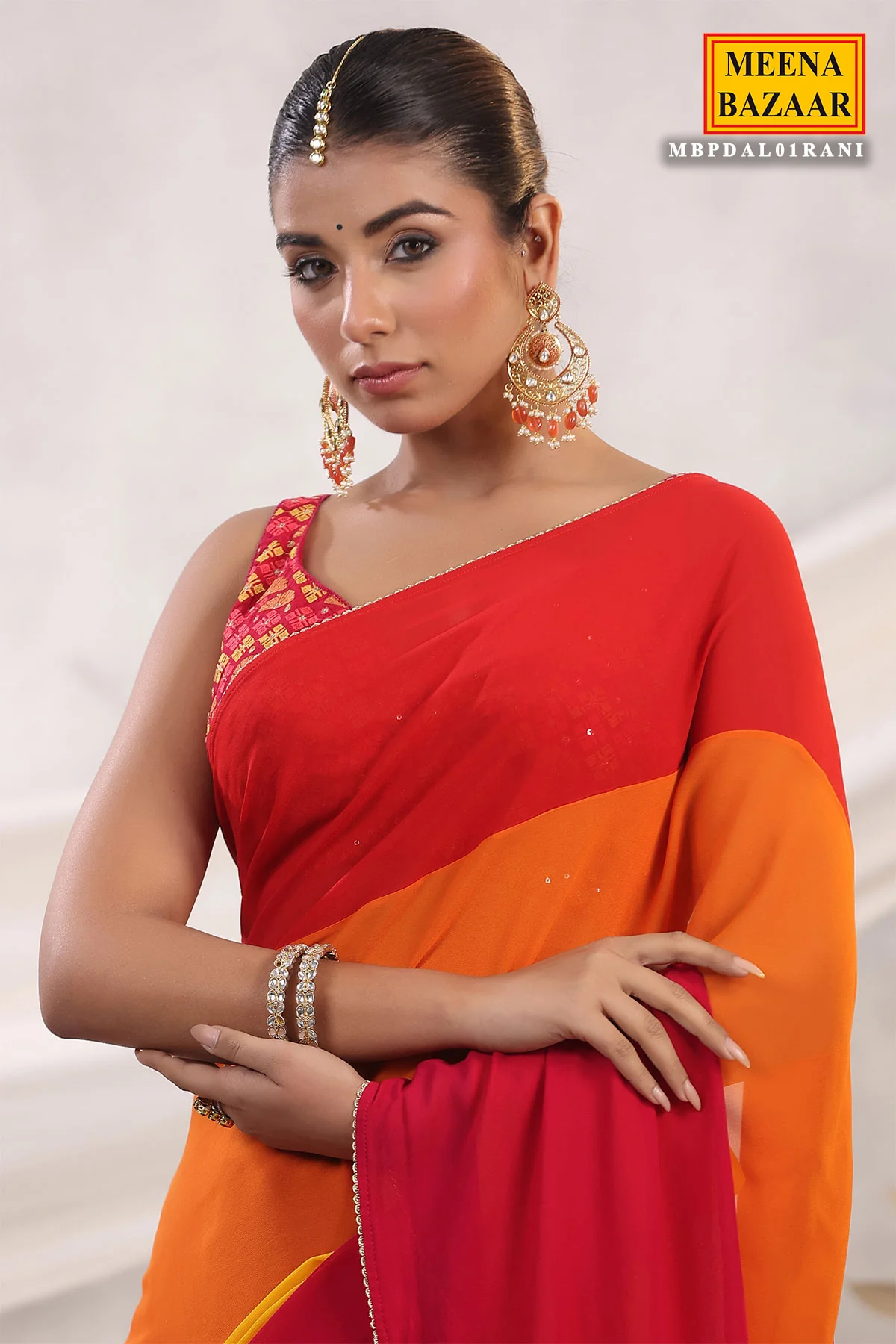 Rani-Orange Georgette Saree with Readymade Blouse - Image 3