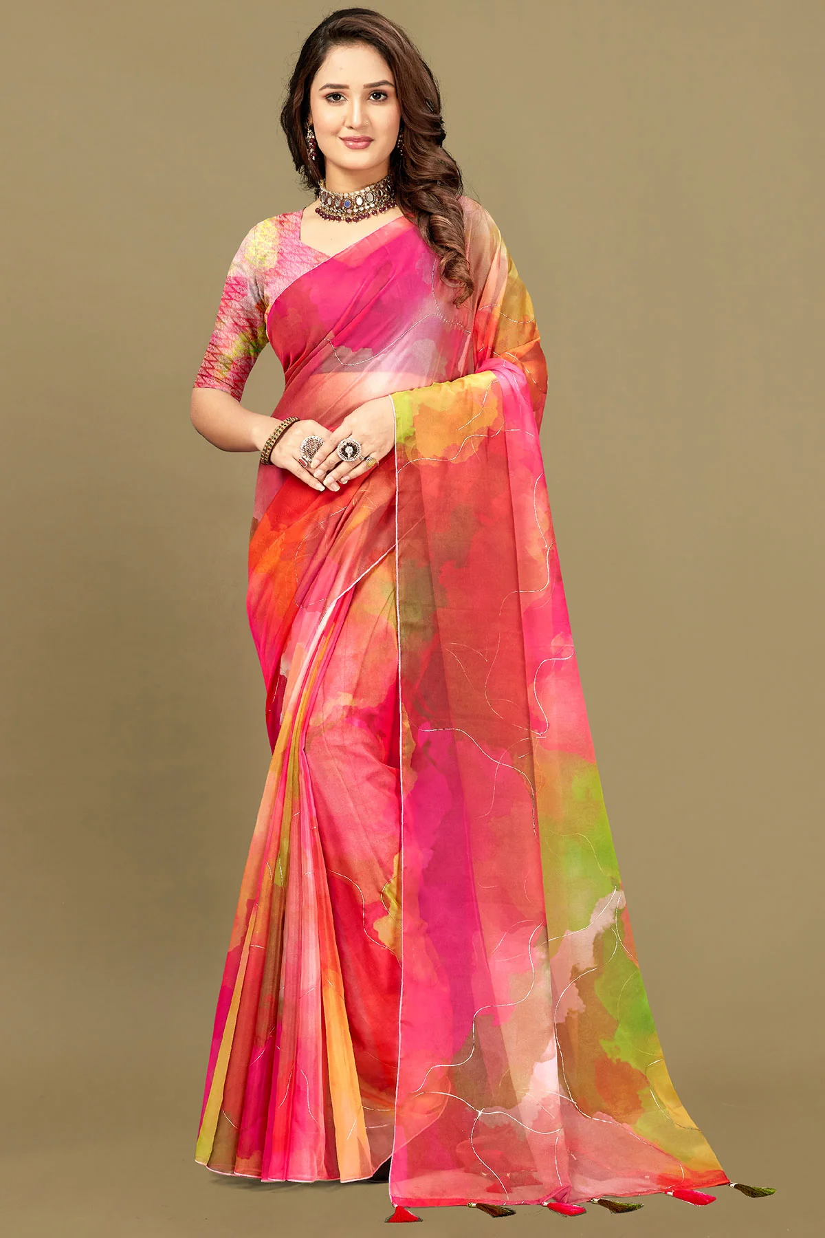 Rani Organza Printed Saree – Elegant Lightweight Festive Drape