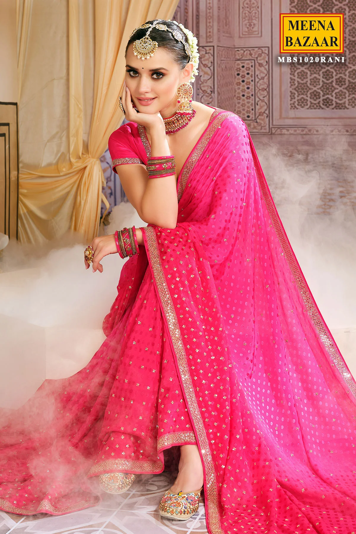 Rani-Pink Jacquard Sequins and Zari Embroidered Saree - Image 2