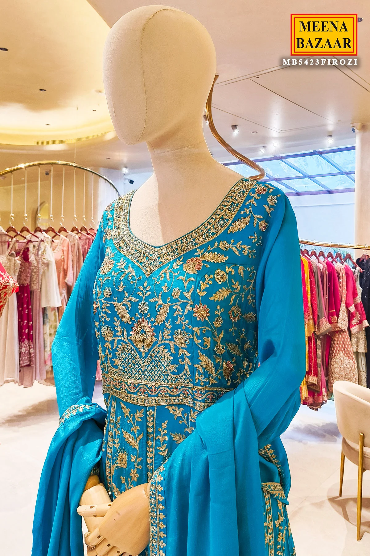 Firozi Neck Embroidered Floor Length Suit With Skirt - Image 2