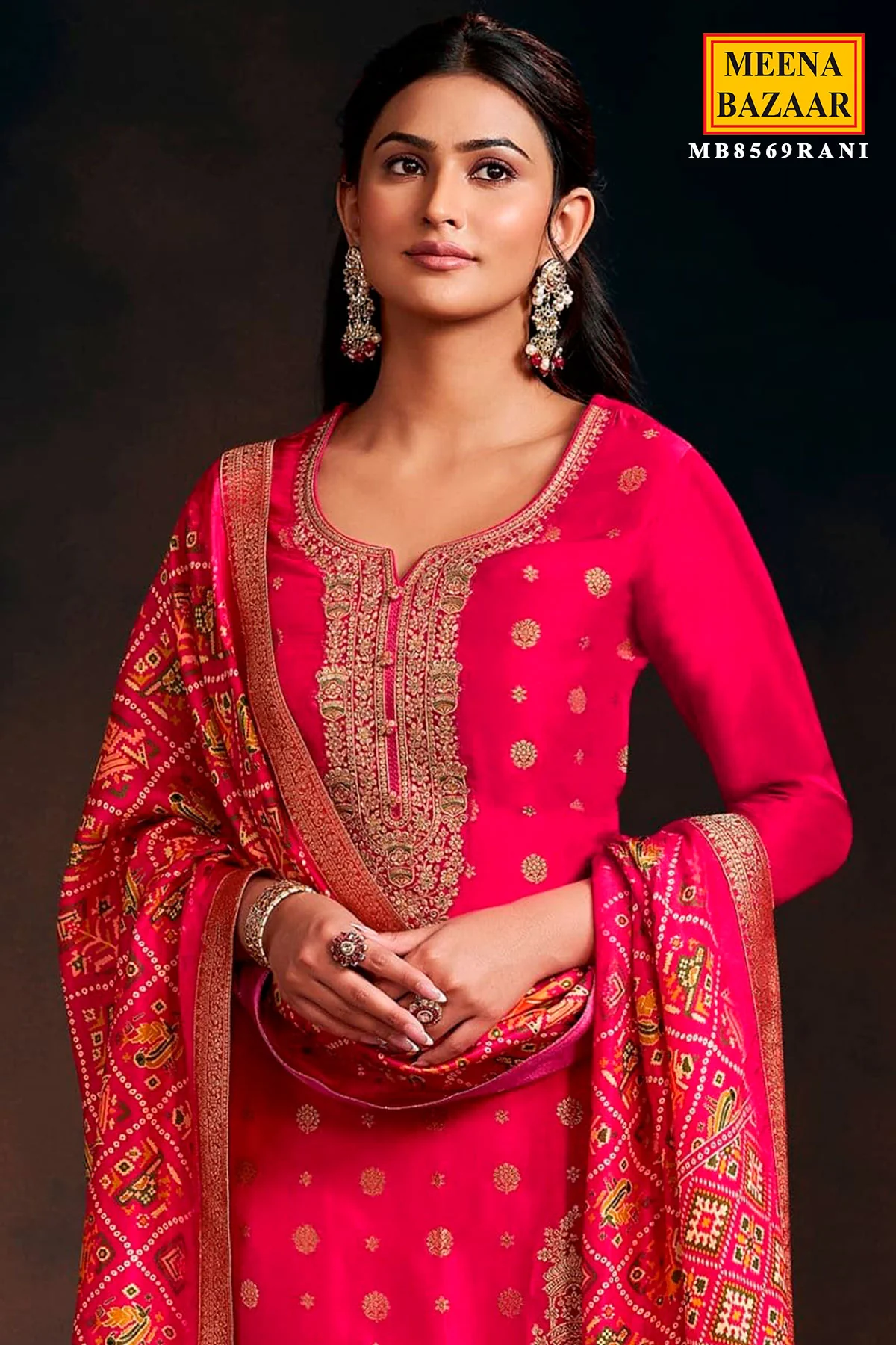 Rani Silk Neck Embroidered Ready Made Suit - Image 2