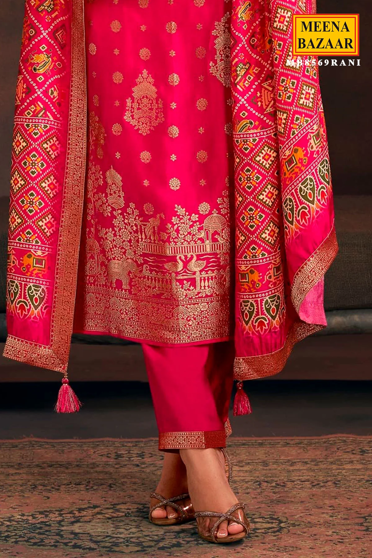 Rani Silk Neck Embroidered Ready Made Suit - Image 3