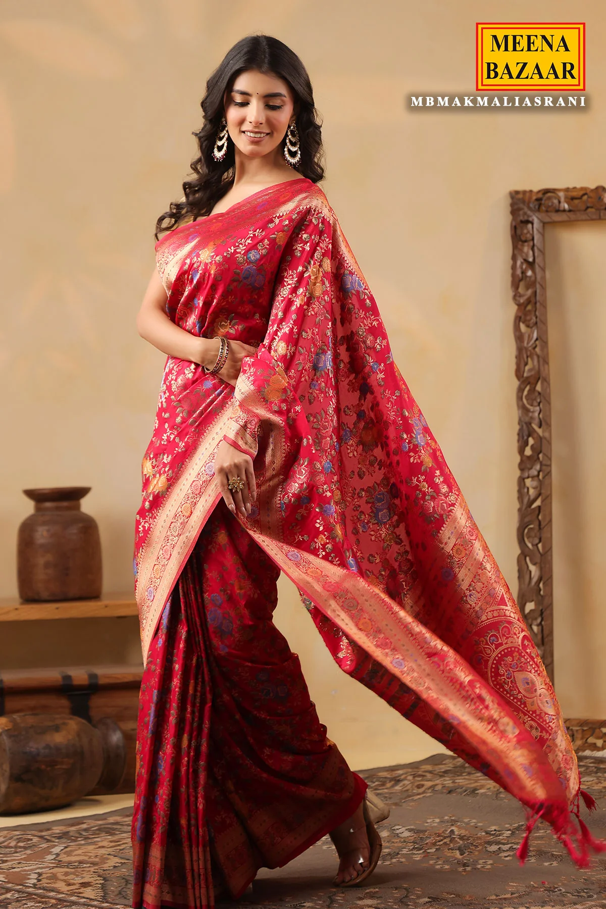 Rani Silk Saree with Multicolour Floral Banarasi Weave - Image 10