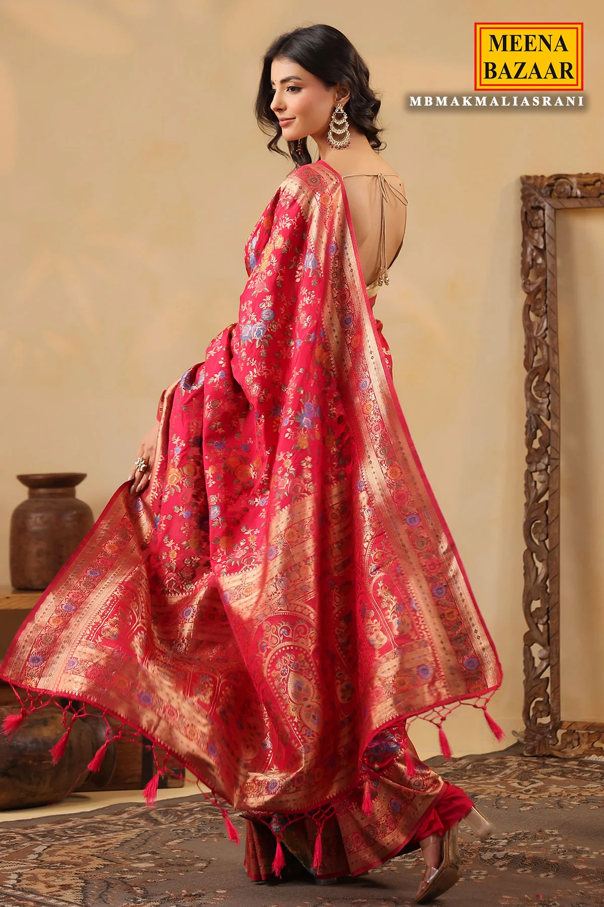 Rani Silk Saree with Multicolour Floral Banarasi Weave - Image 11