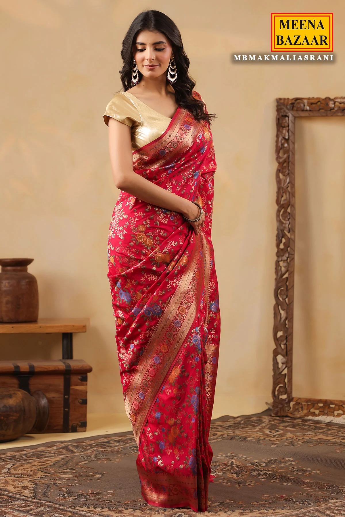Rani Silk Saree with Multicolour Floral Banarasi Weave - Image 12