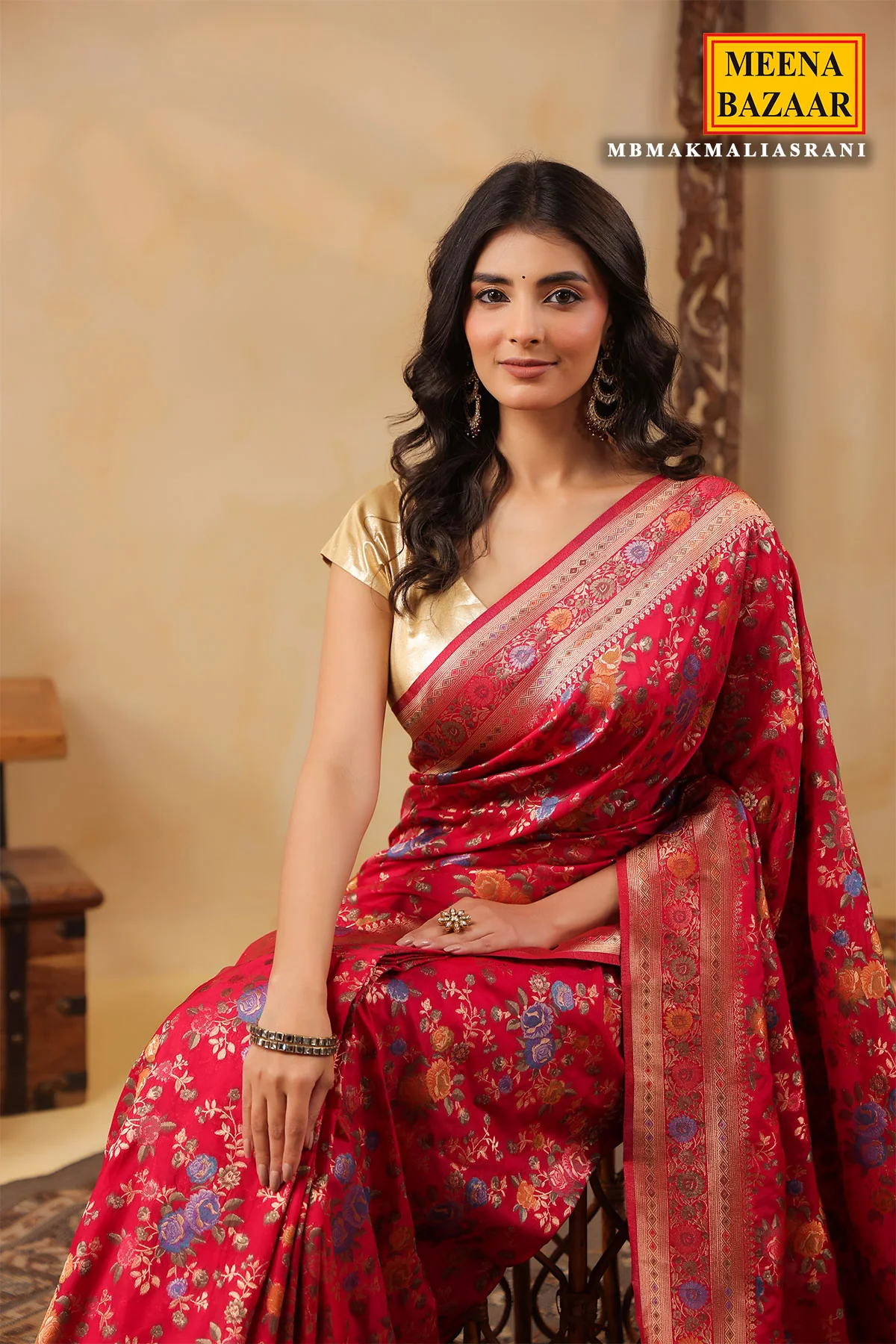 Rani Silk Saree with Multicolour Floral Banarasi Weave - Image 3