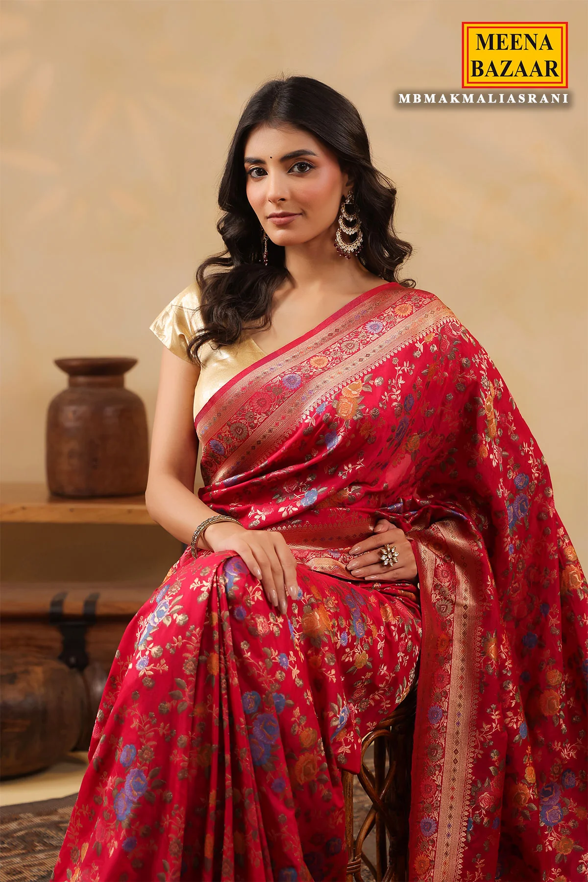 Rani Silk Saree with Multicolour Floral Banarasi Weave - Image 5