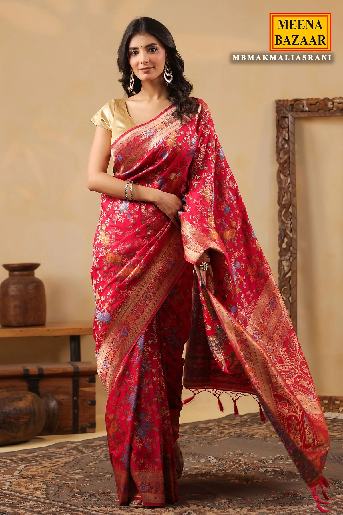 Rani Silk Saree with Multicolour Floral Banarasi Weave - Image 6