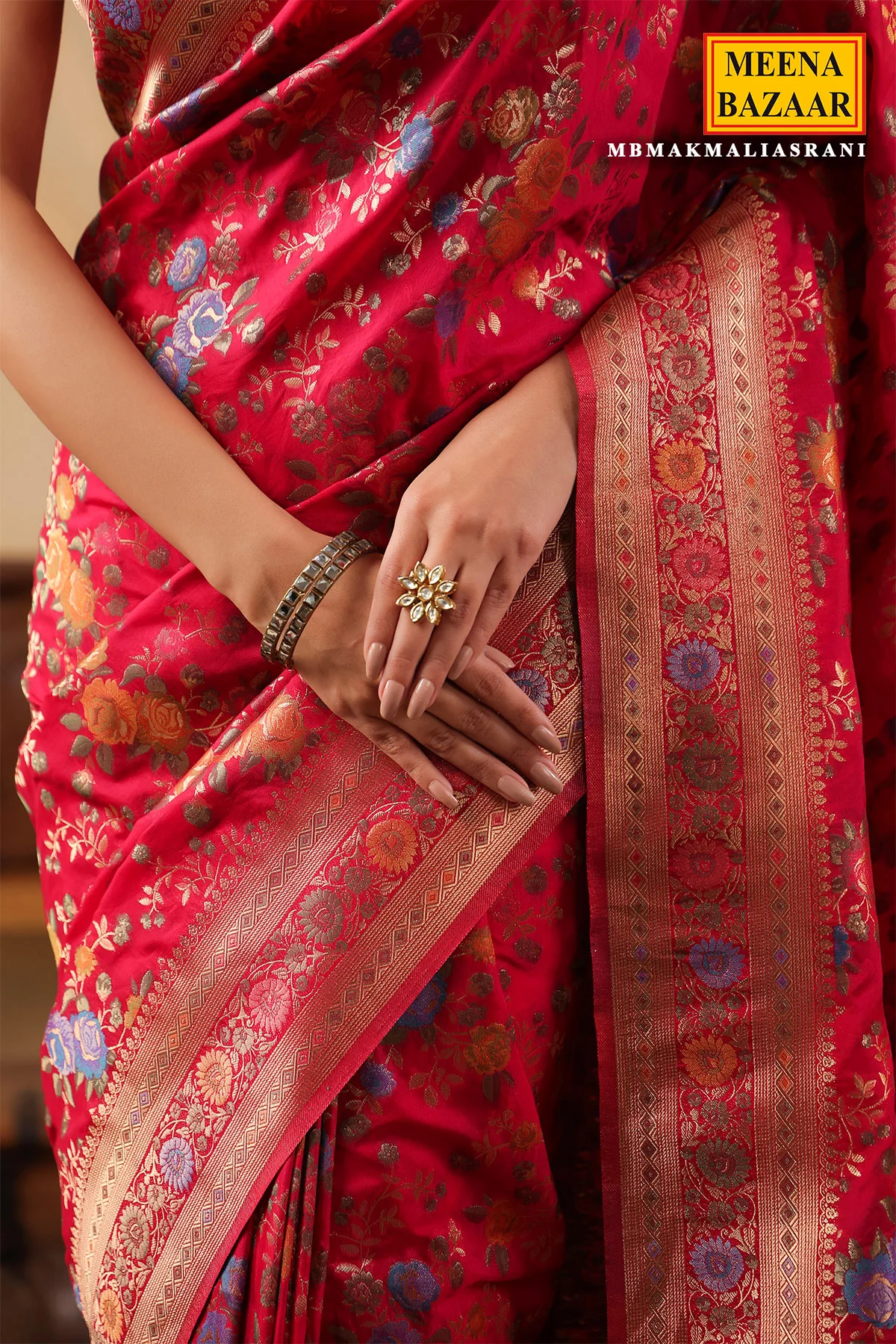 Rani Silk Saree with Multicolour Floral Banarasi Weave - Image 7