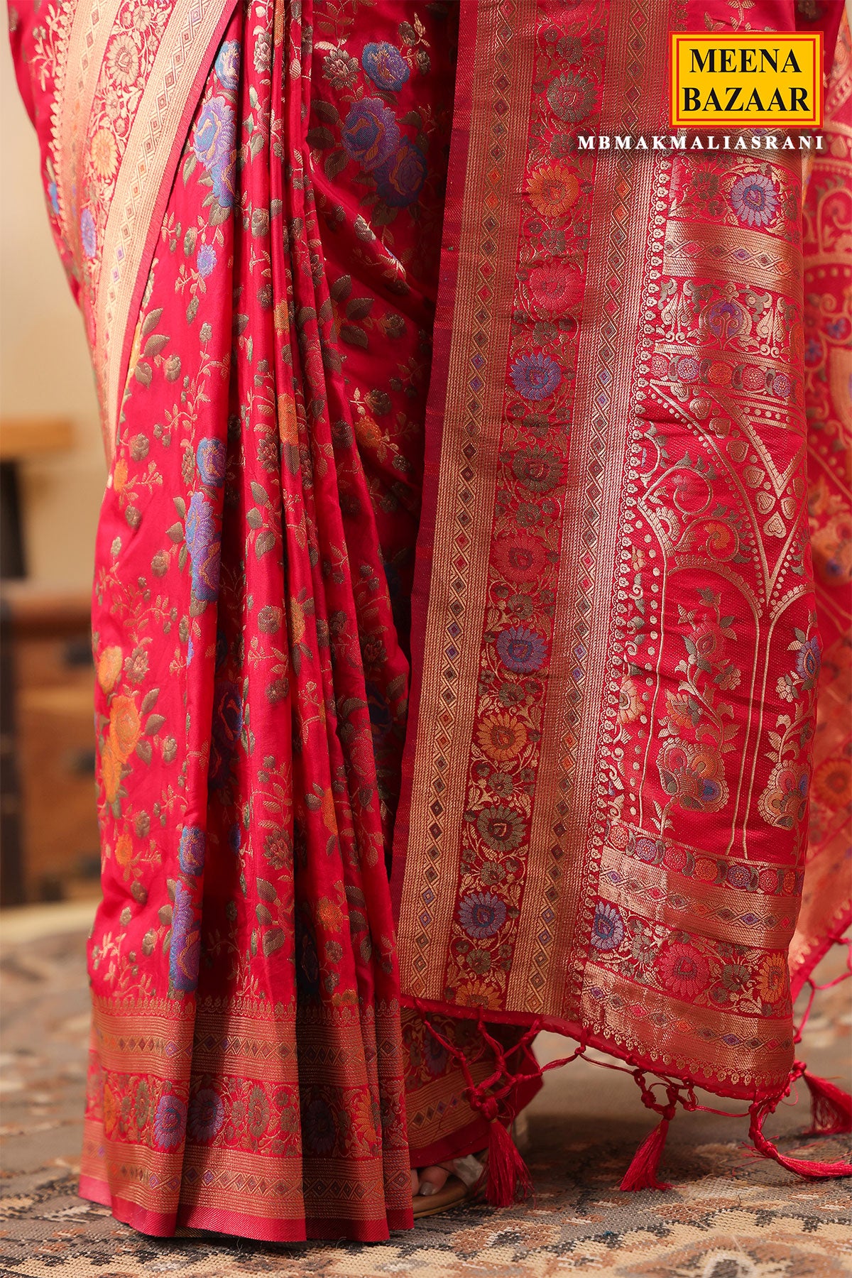 Rani Silk Saree with Multicolour Floral Banarasi Weave - Image 8