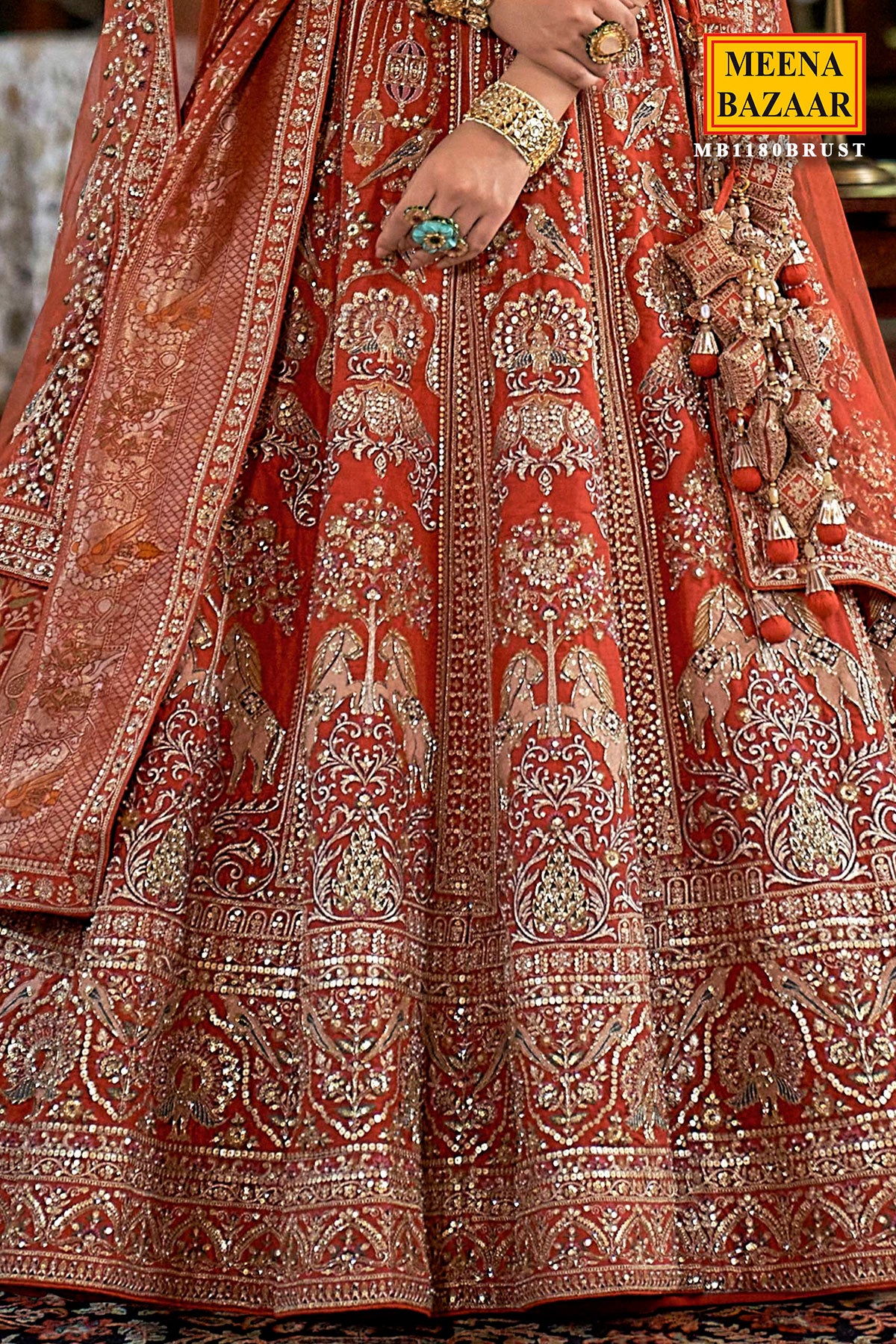 Rust Silk Zari and Sequin Embroidered Lehenga – Luxurious Bridal Wear - Image 3