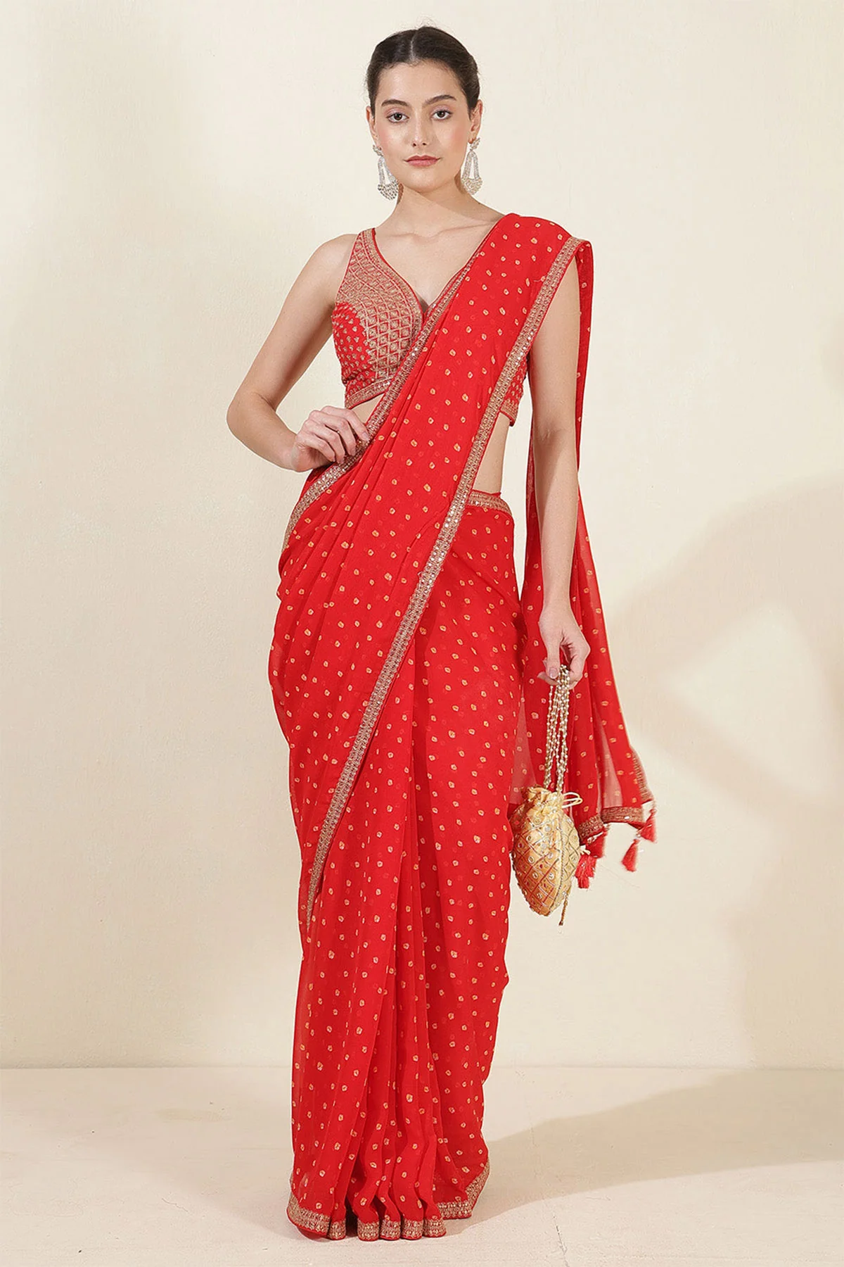 Red Bandhani Printed Zari Embroidered Georgette Saree With Ready Blouse