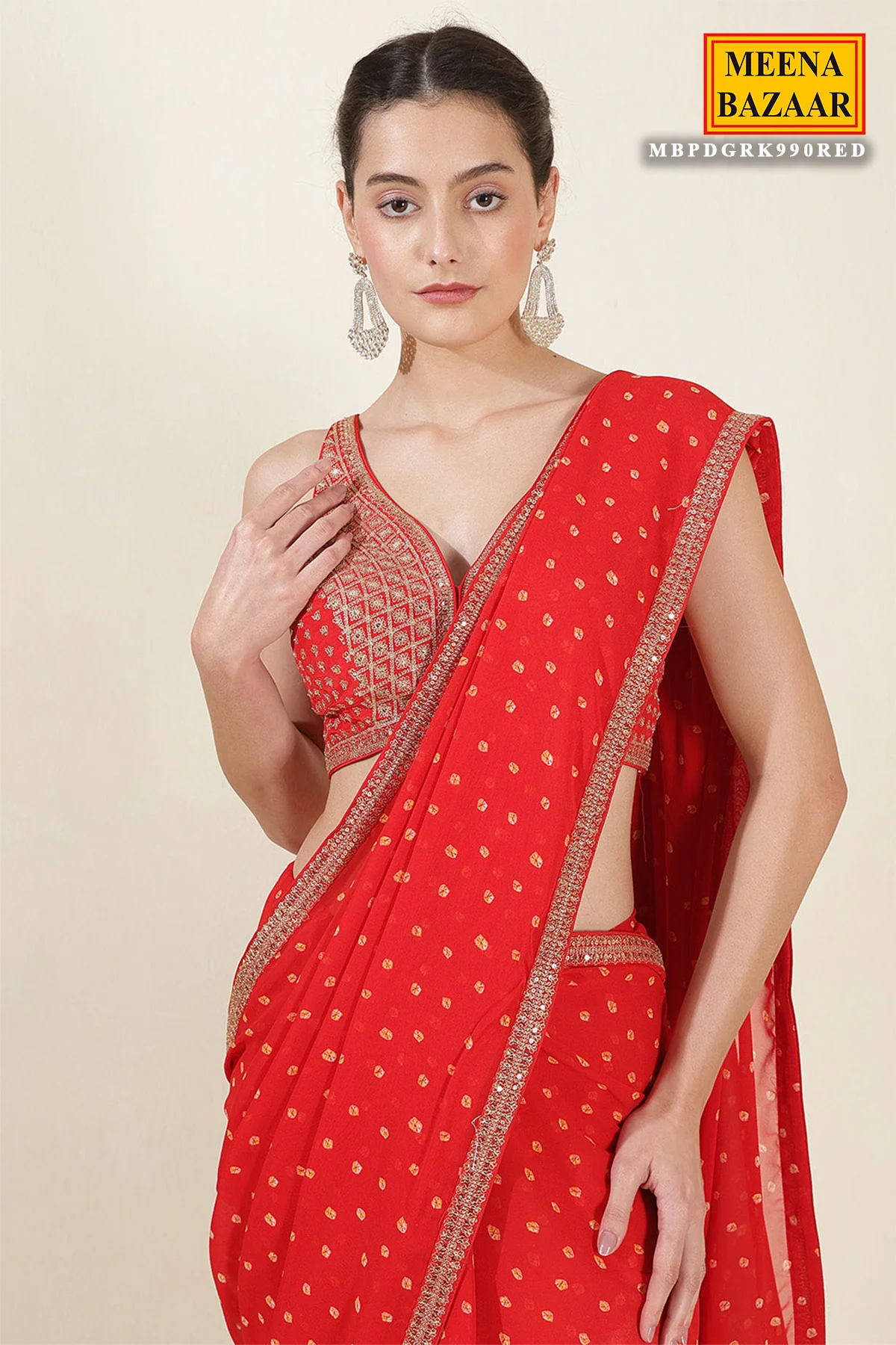 Red Bandhani Printed Zari Embroidered Georgette Saree With Ready Blouse - Image 2
