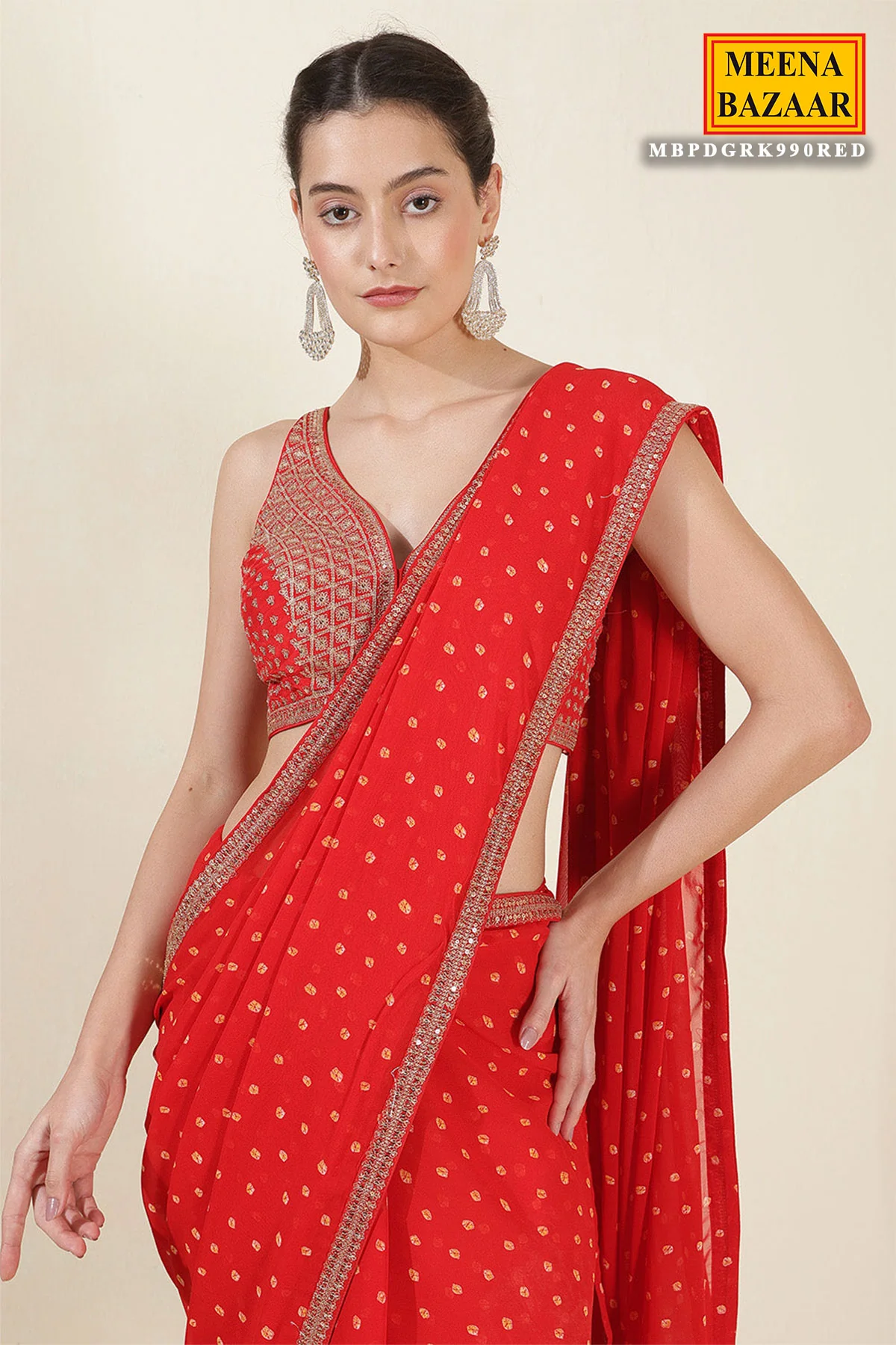 Red Bandhani Printed Zari Embroidered Georgette Saree With Ready Blouse - Image 3