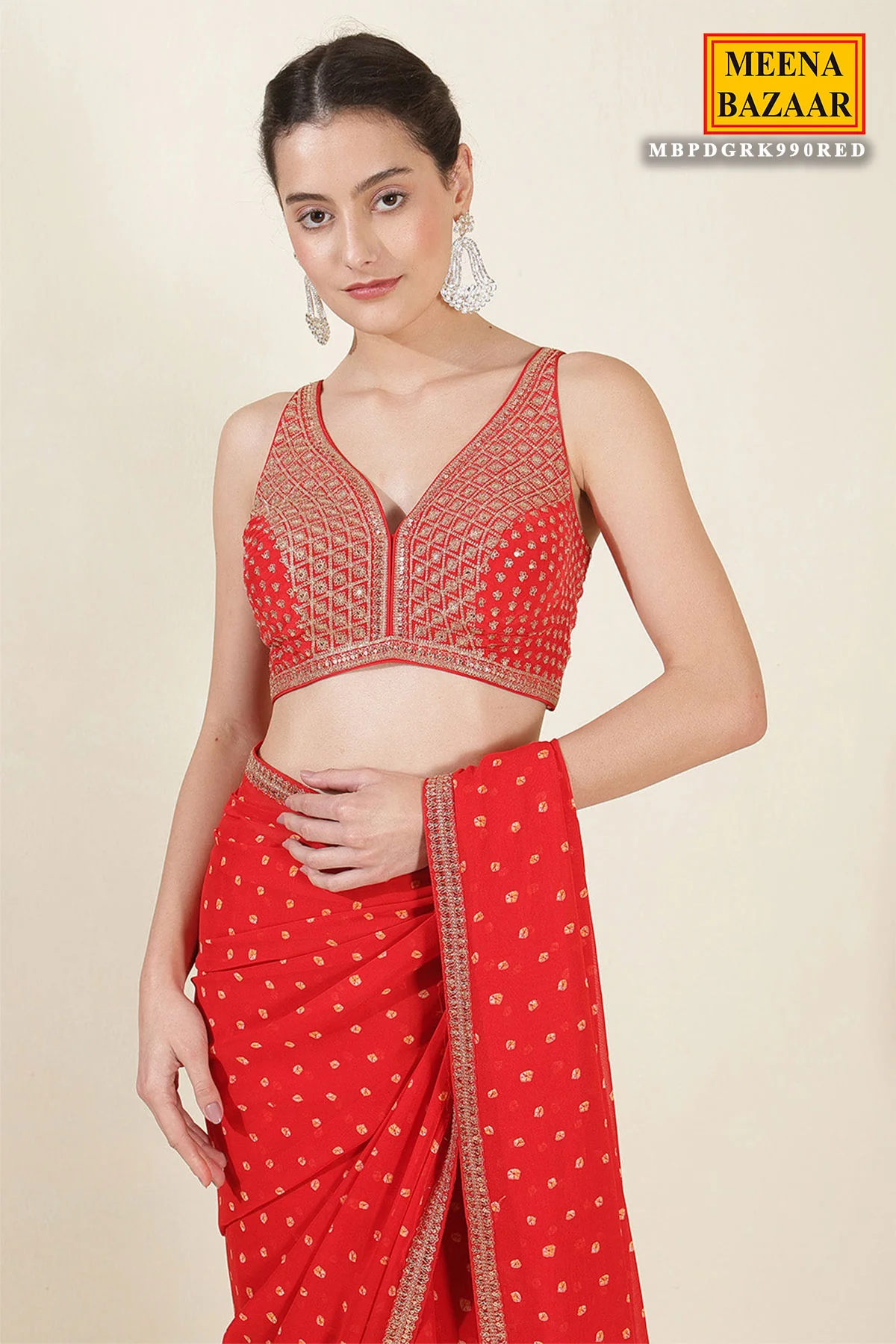 Red Bandhani Printed Zari Embroidered Georgette Saree With Ready Blouse - Image 4
