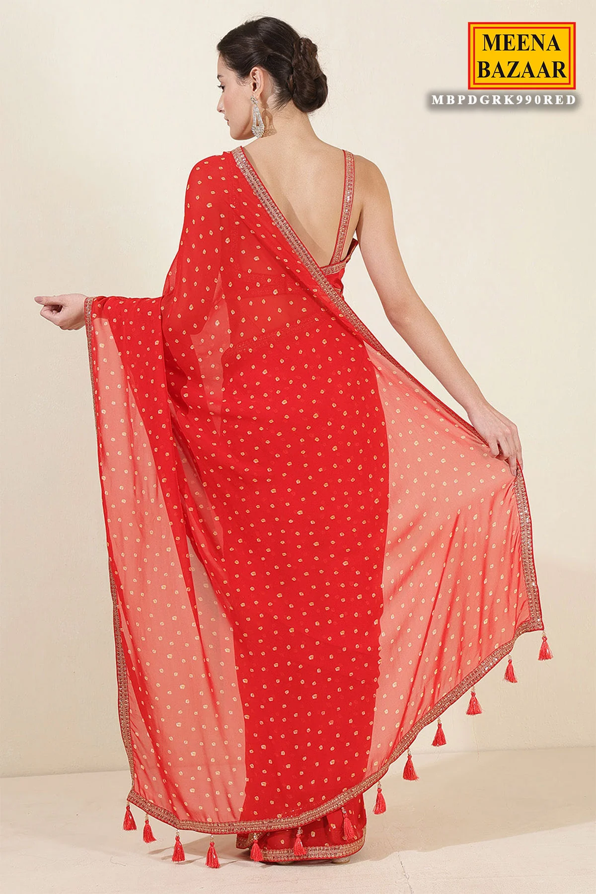 Red Bandhani Printed Zari Embroidered Georgette Saree With Ready Blouse - Image 5