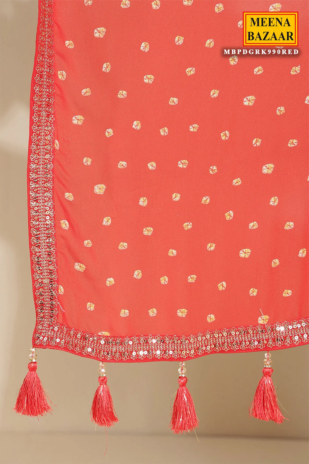 Red Bandhani Printed Zari Embroidered Georgette Saree With Ready Blouse - Image 6