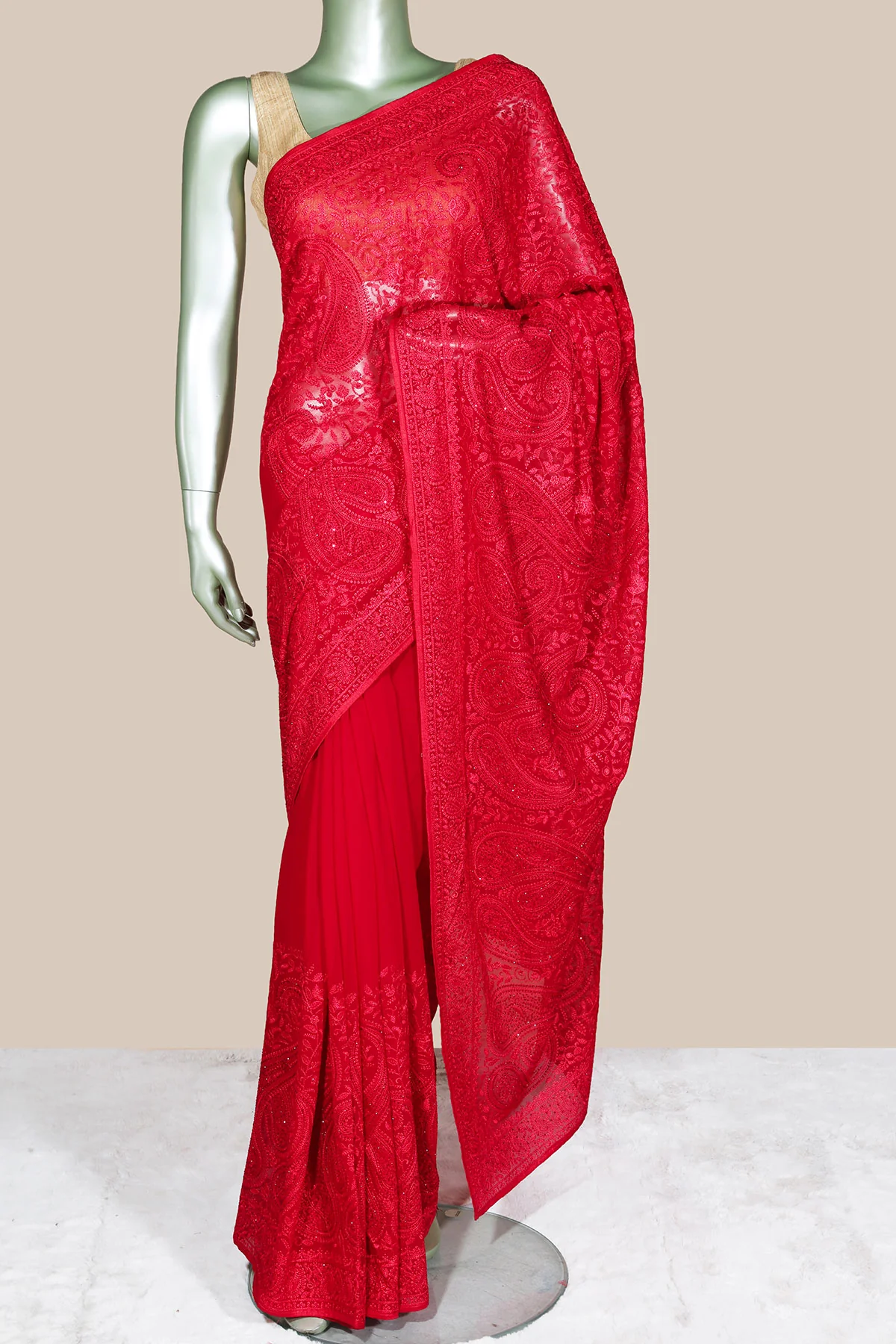 Red Embroidered Georgette Saree Elegant Party & Festive Wear - Image 2