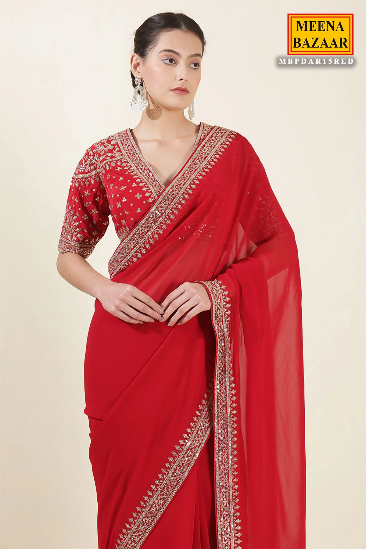 Red Georgette Zari, Sequins Embroidered Saree With Ready To Wear Blouse - Image 2