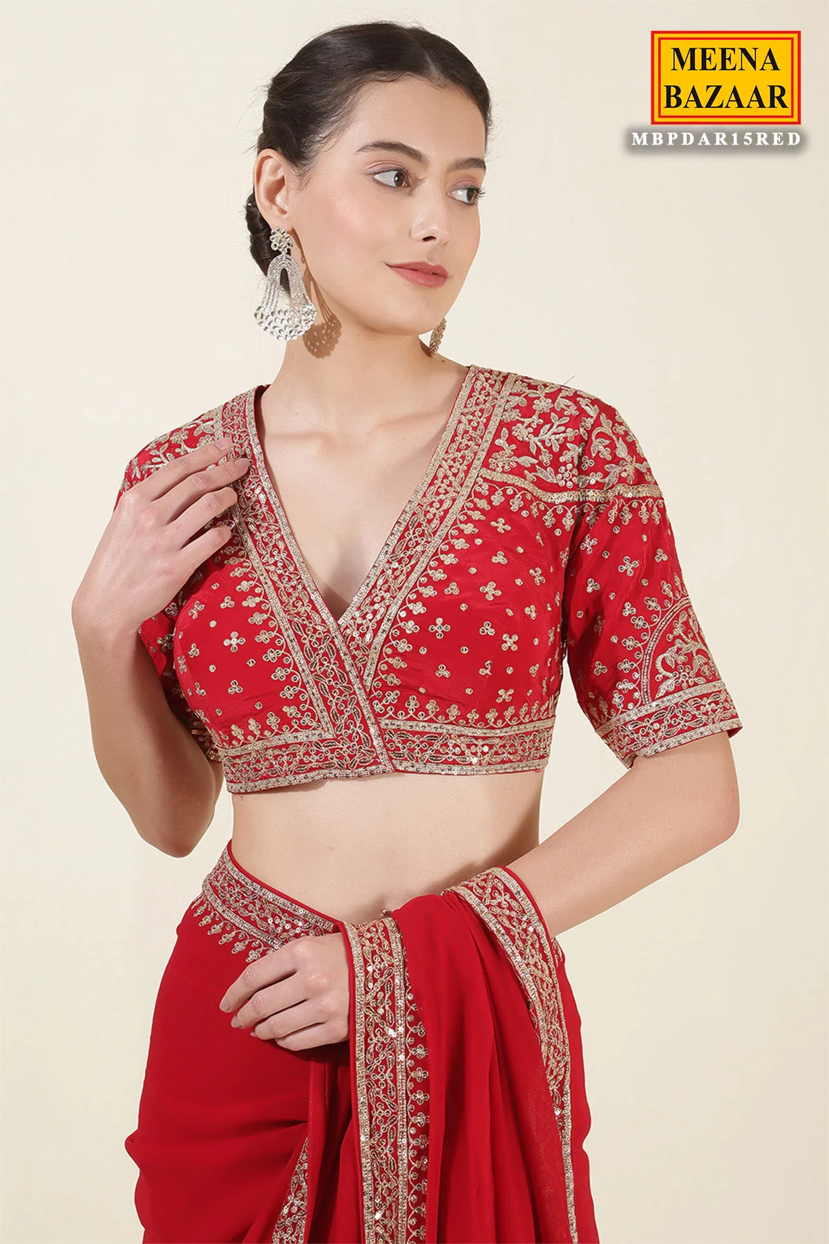 Red Georgette Zari, Sequins Embroidered Saree With Ready To Wear Blouse - Image 3