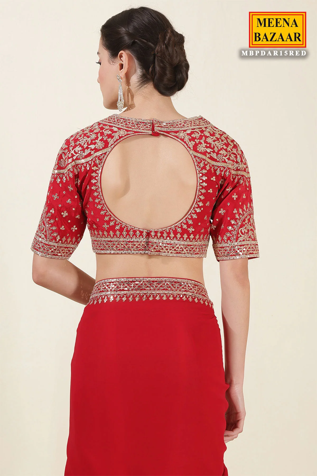 Red Georgette Zari, Sequins Embroidered Saree With Ready To Wear Blouse - Image 4