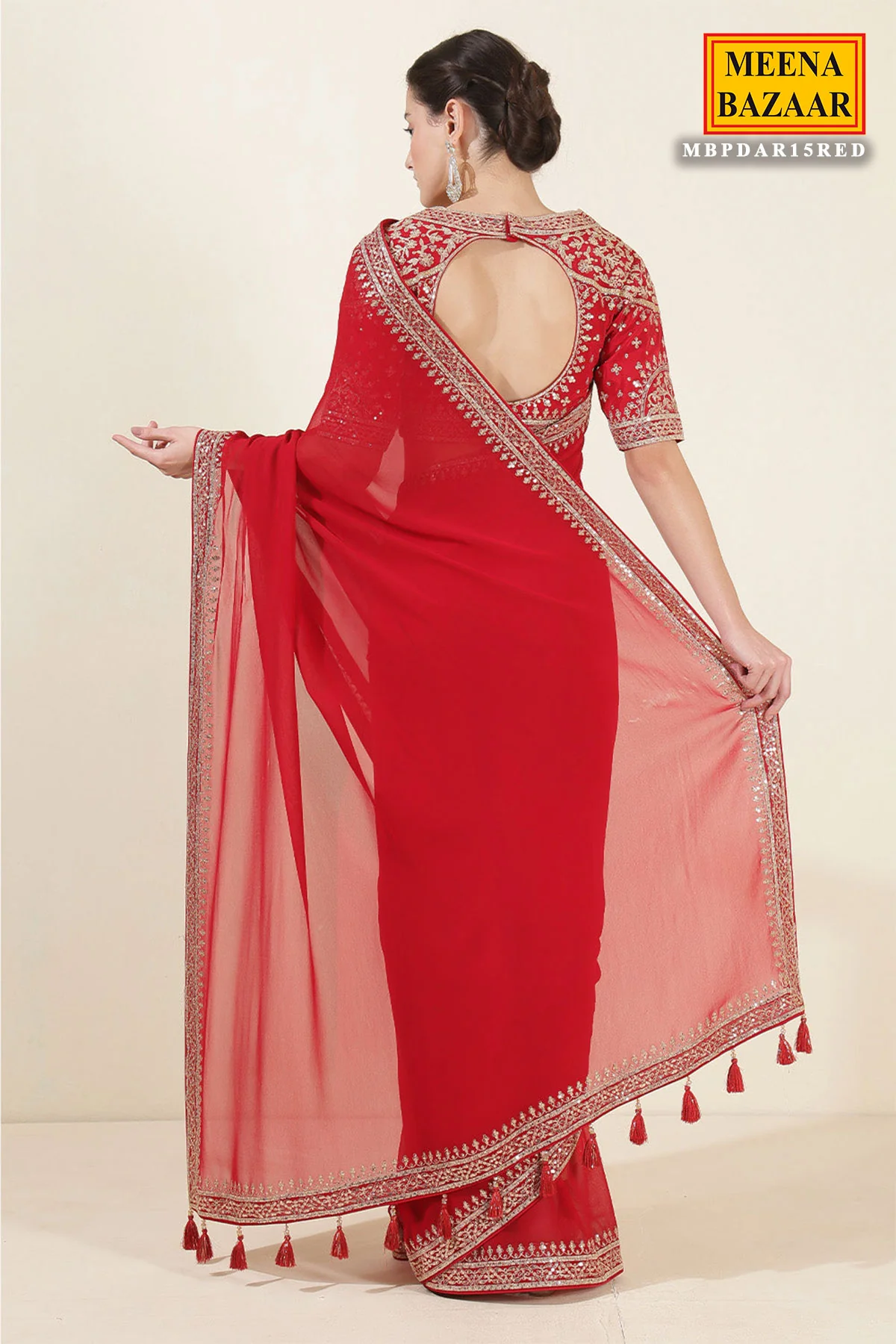 Red Georgette Zari, Sequins Embroidered Saree With Ready To Wear Blouse - Image 5