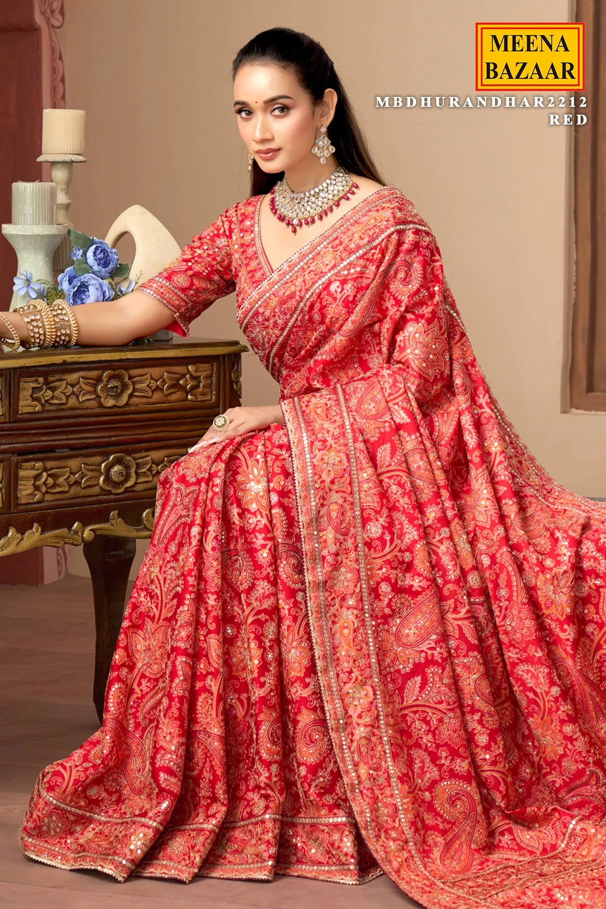 Red Printed Satin Silk Saree with Readymade Blouse - Image 2