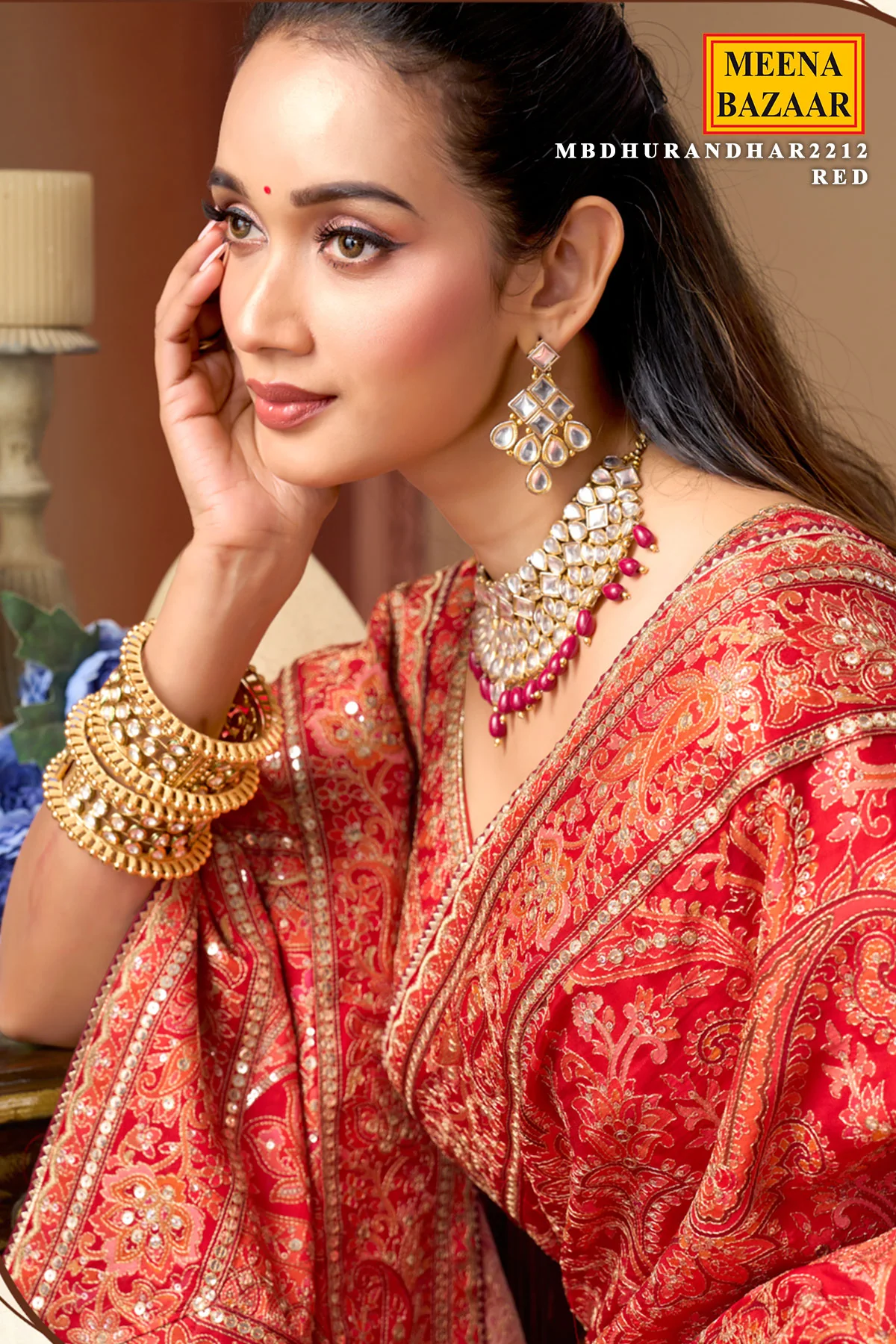 Red Printed Satin Silk Saree with Readymade Blouse - Image 3