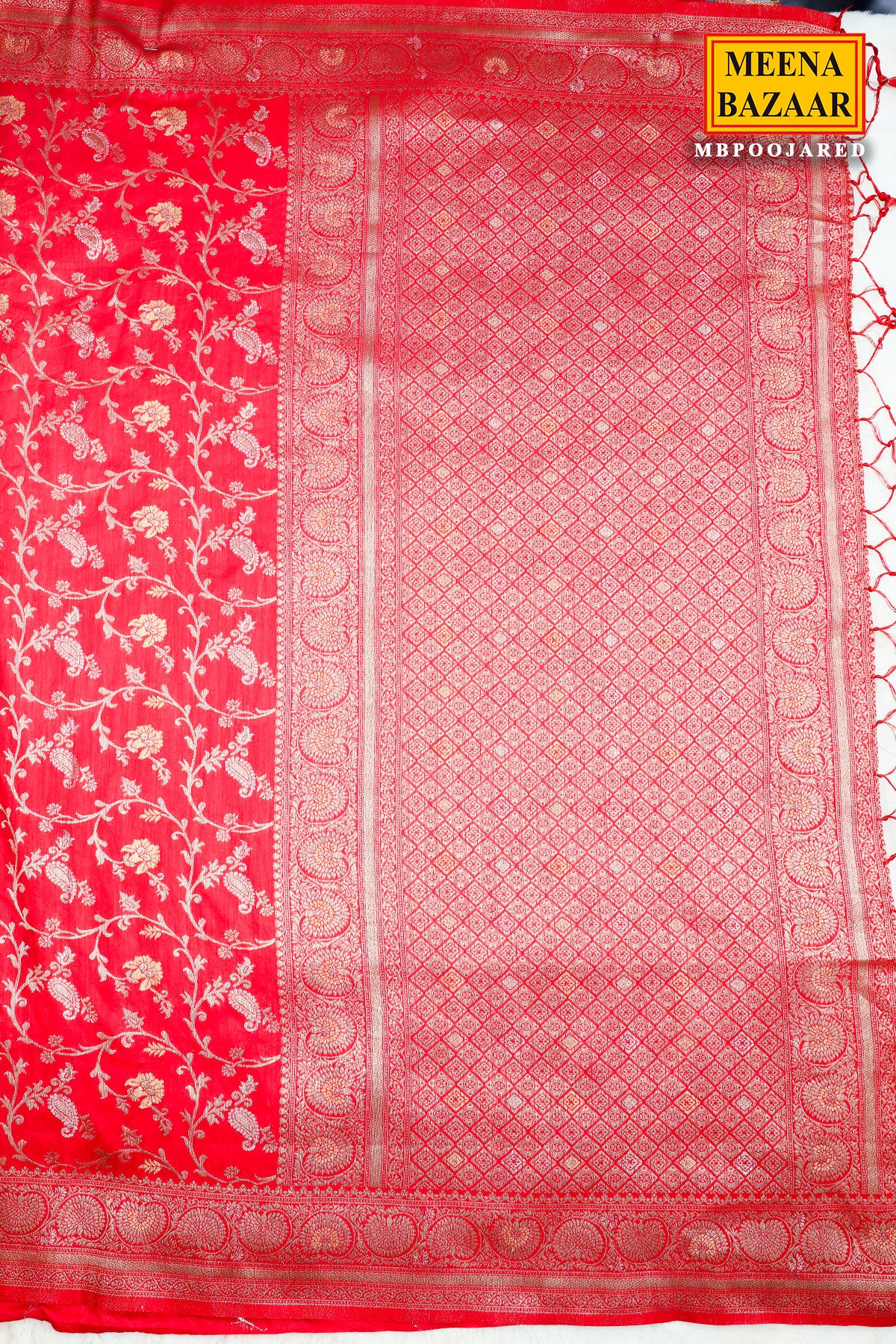 Red Silk Blend Zari Woven Saree - Image 6