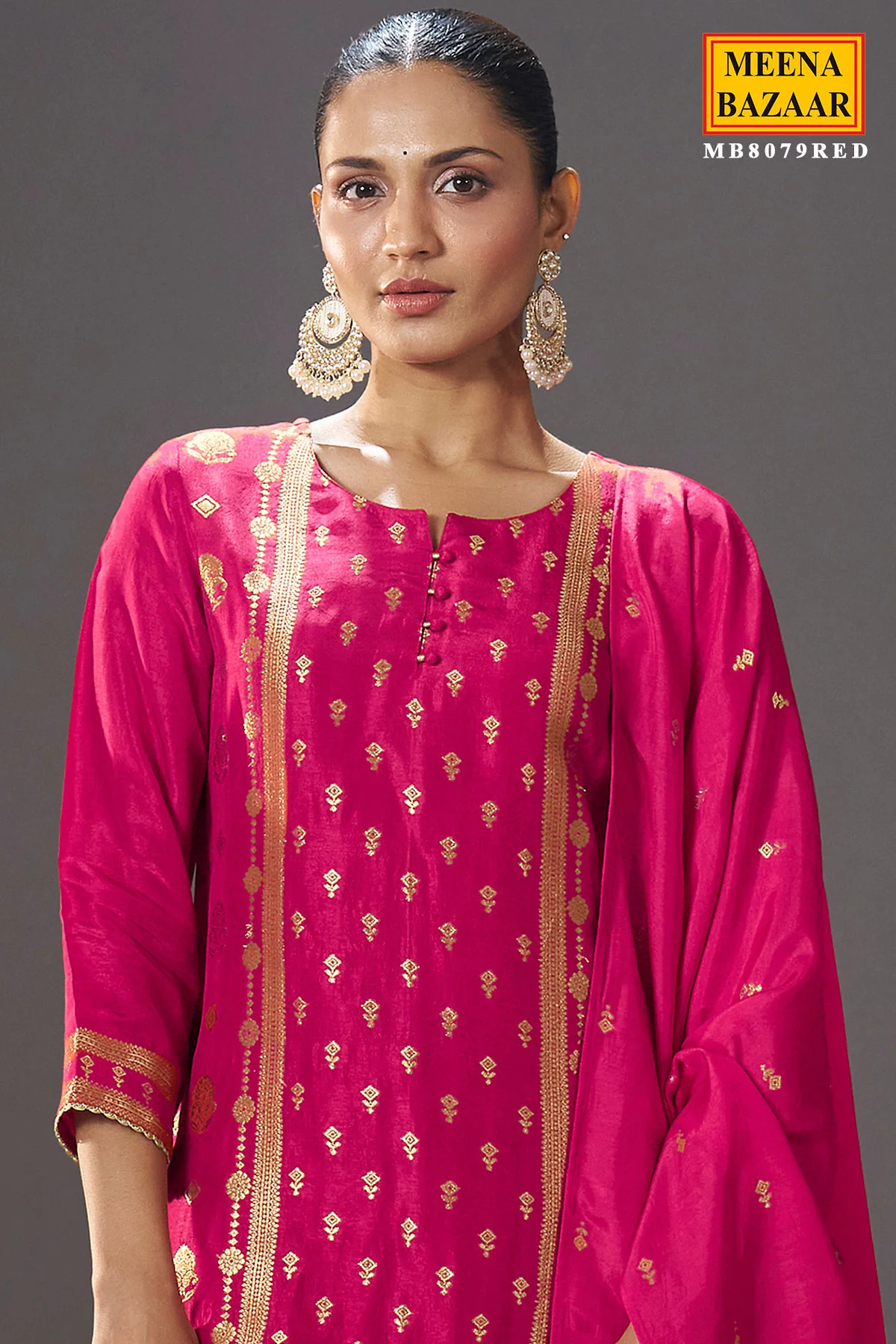Red Silk Straight Suit with Weaving Work - Image 2