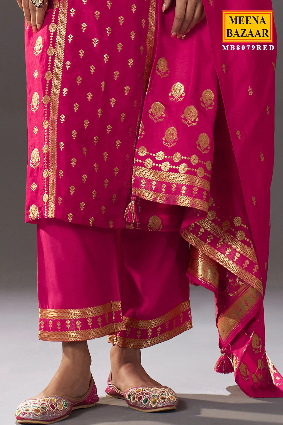Red Silk Straight Suit with Weaving Work - Image 3