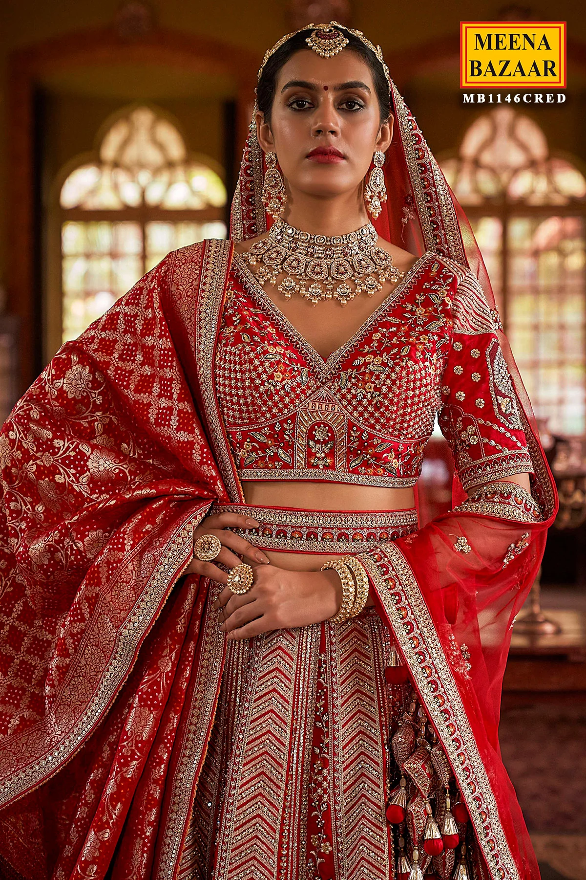 Red Silk Zari and Sequin Embroidered Lehenga – Elegant Wedding Wear - Image 2