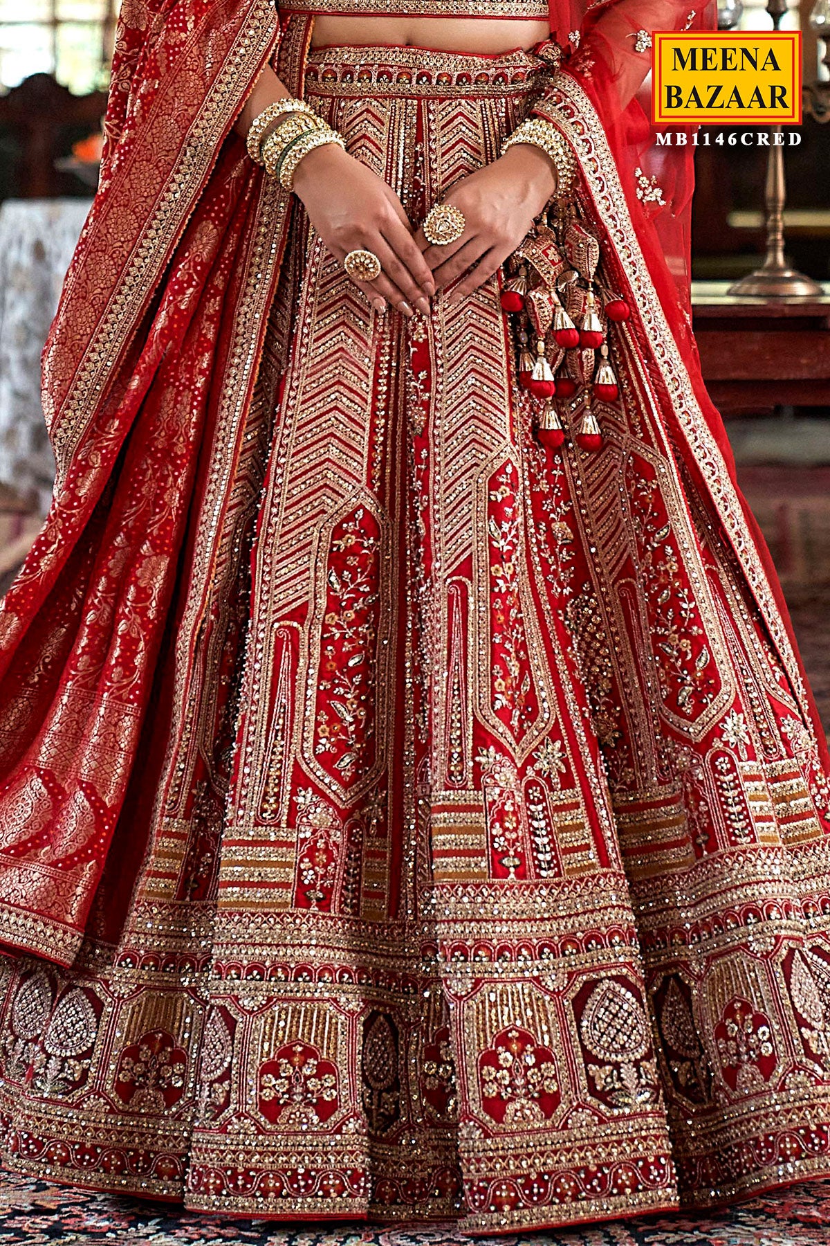 Red Silk Zari and Sequin Embroidered Lehenga – Elegant Wedding Wear - Image 3
