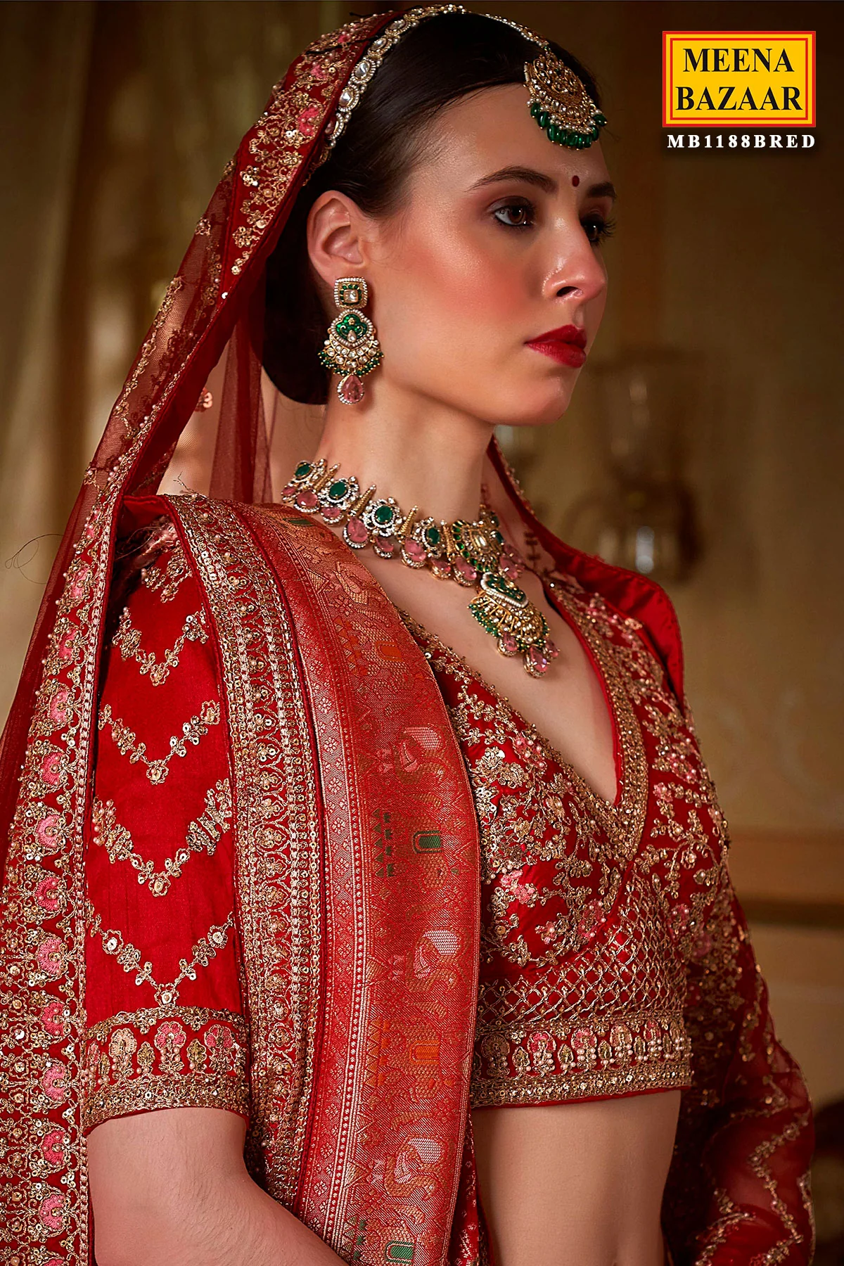 Red Silk Zari and Sequin Embroidered Lehenga – Luxurious Bridal Wear - Image 2