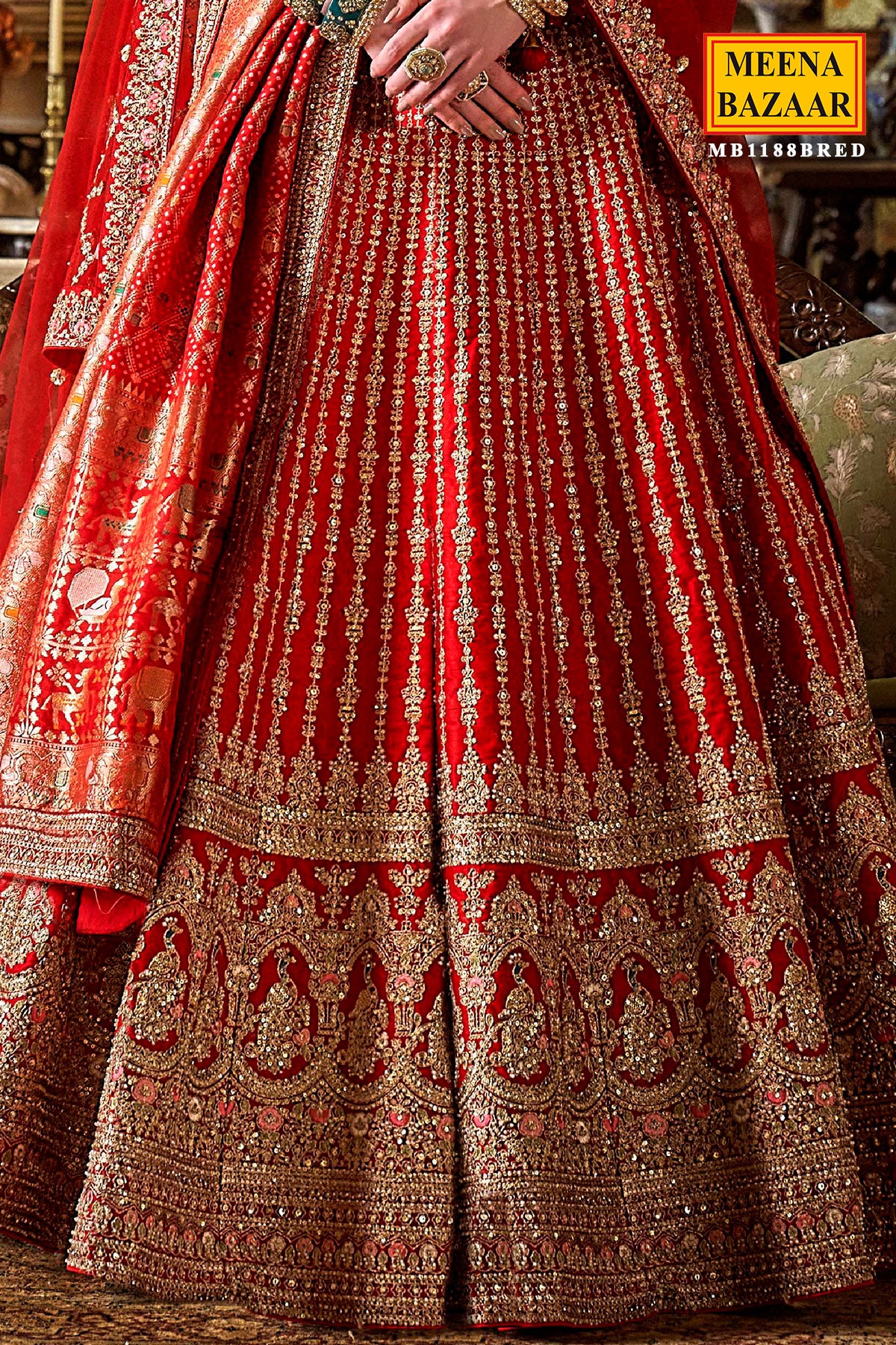 Red Silk Zari and Sequin Embroidered Lehenga – Luxurious Bridal Wear - Image 3