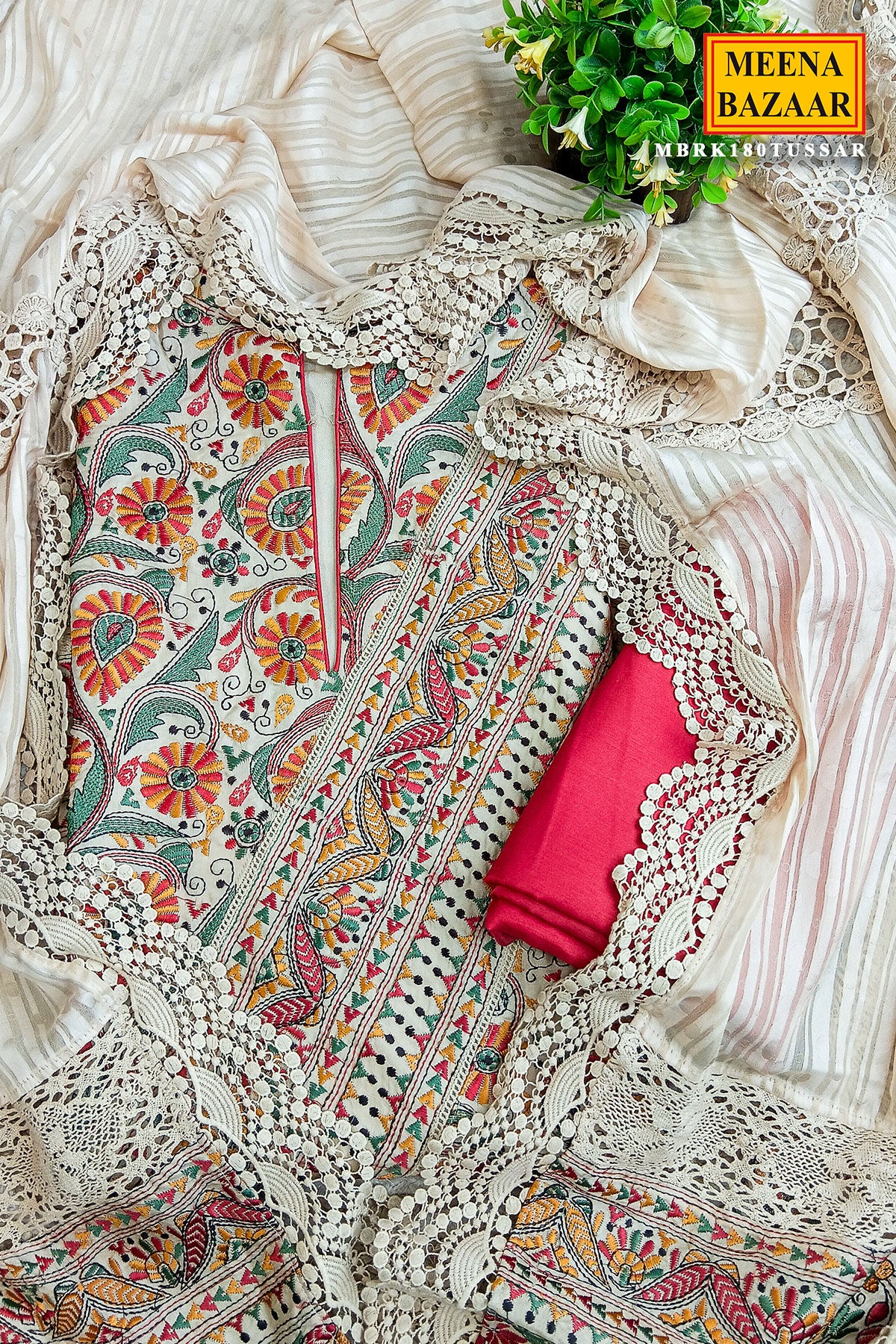 Resham Multi Thread Embroidered Unstiched Beige Silk Suit - Image 2