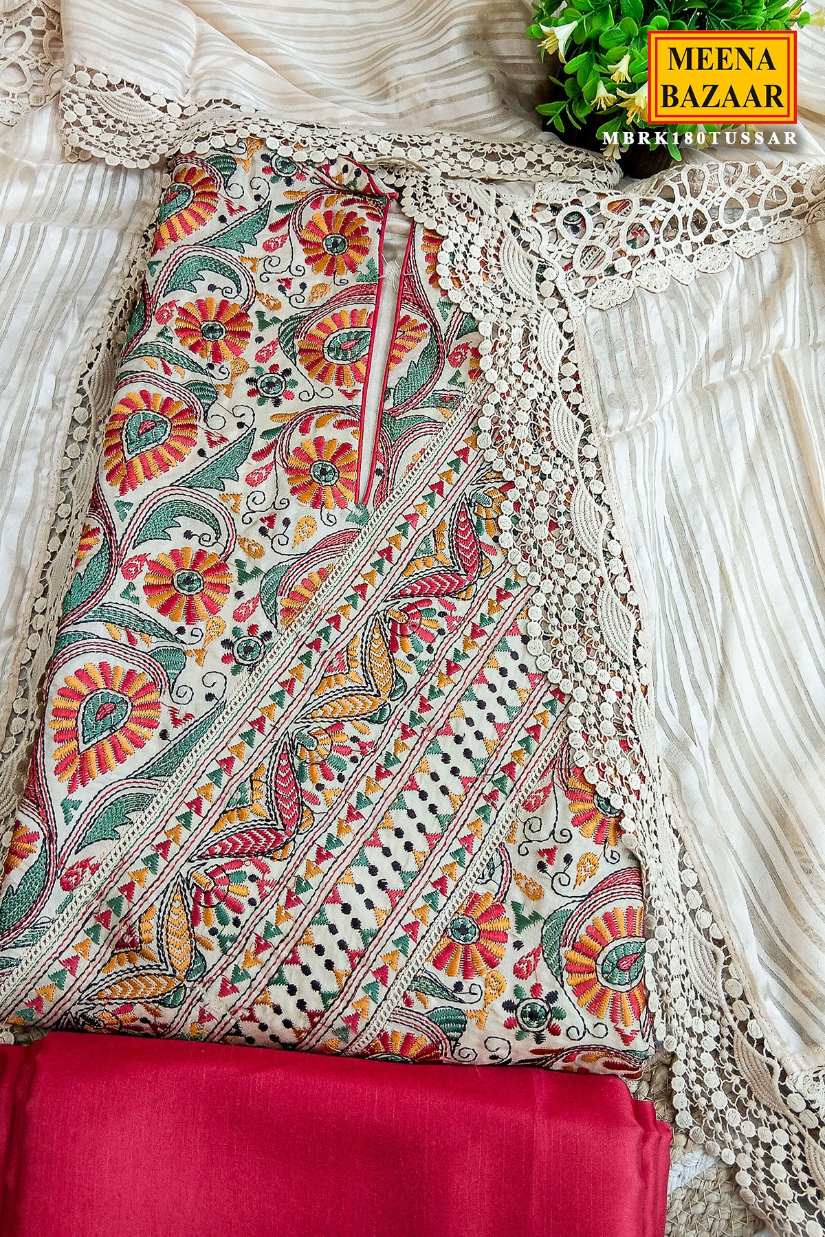 Resham Multi Thread Embroidered Unstiched Beige Silk Suit - Image 3